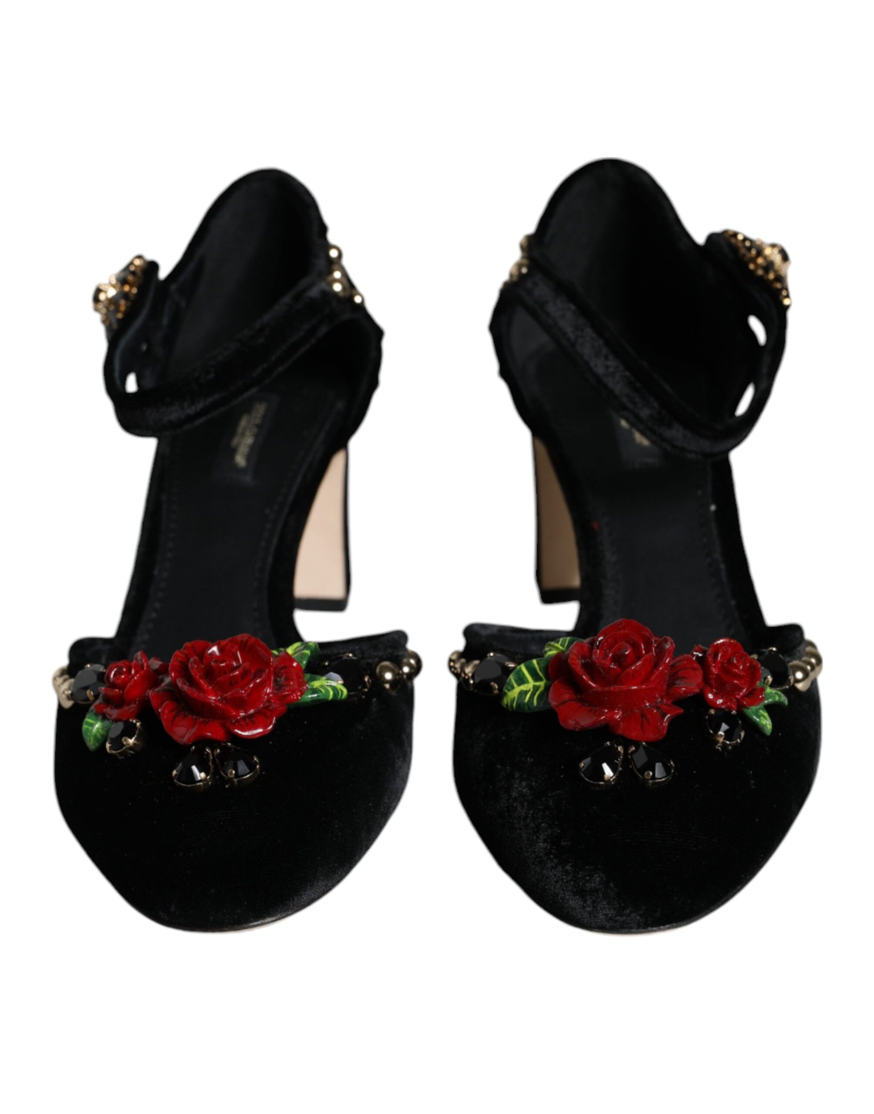 Dolce & Gabbana Black Velvet Roses Ankle Strap Pumps Shoes | Regal Royce