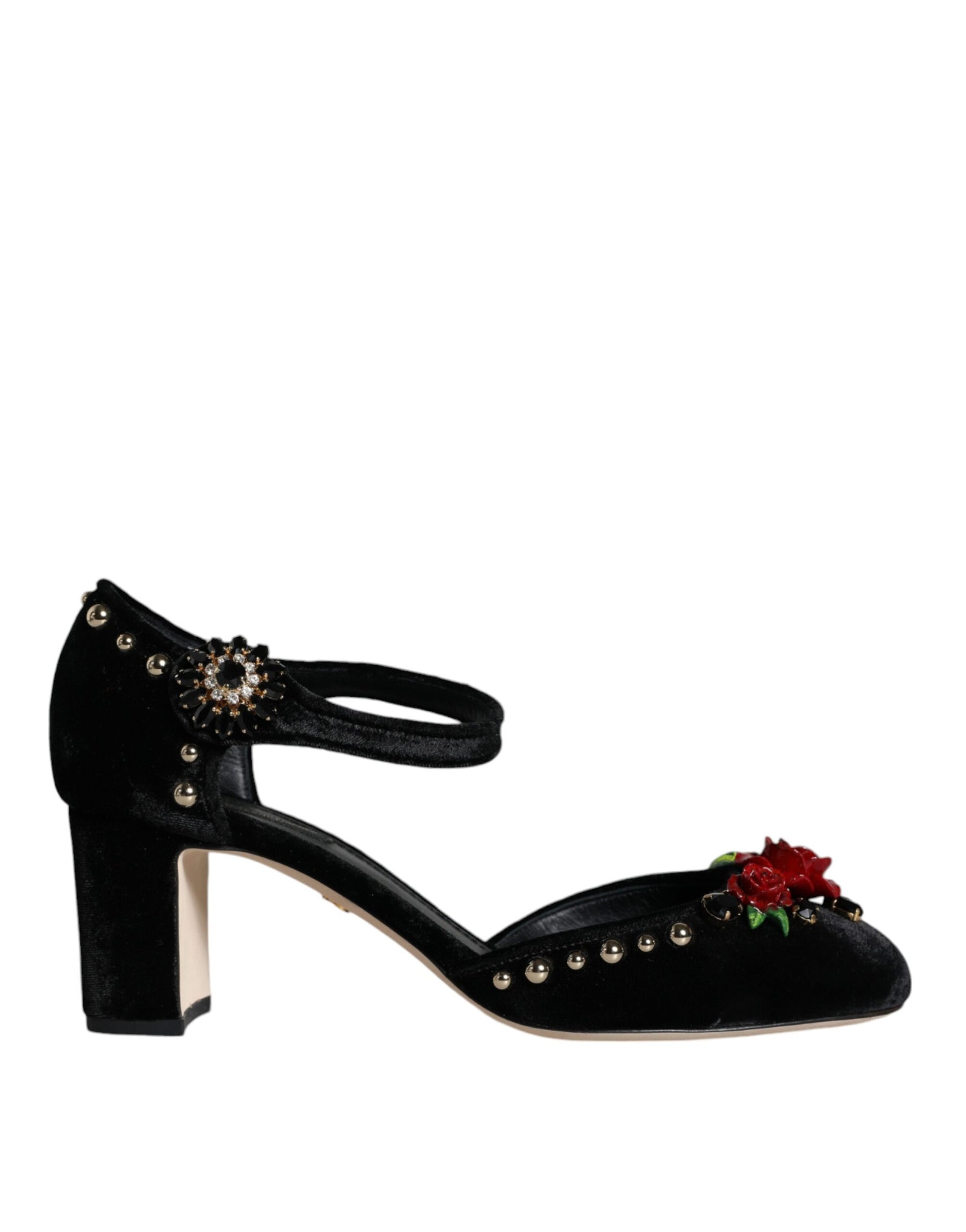 Dolce & Gabbana Black Velvet Roses Ankle Strap Pumps Shoes | Regal Royce
