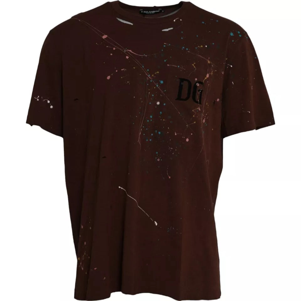 Dolce & Gabbana Brown Color Splash Cotton Crew Neck T-shirt | Regal Royce