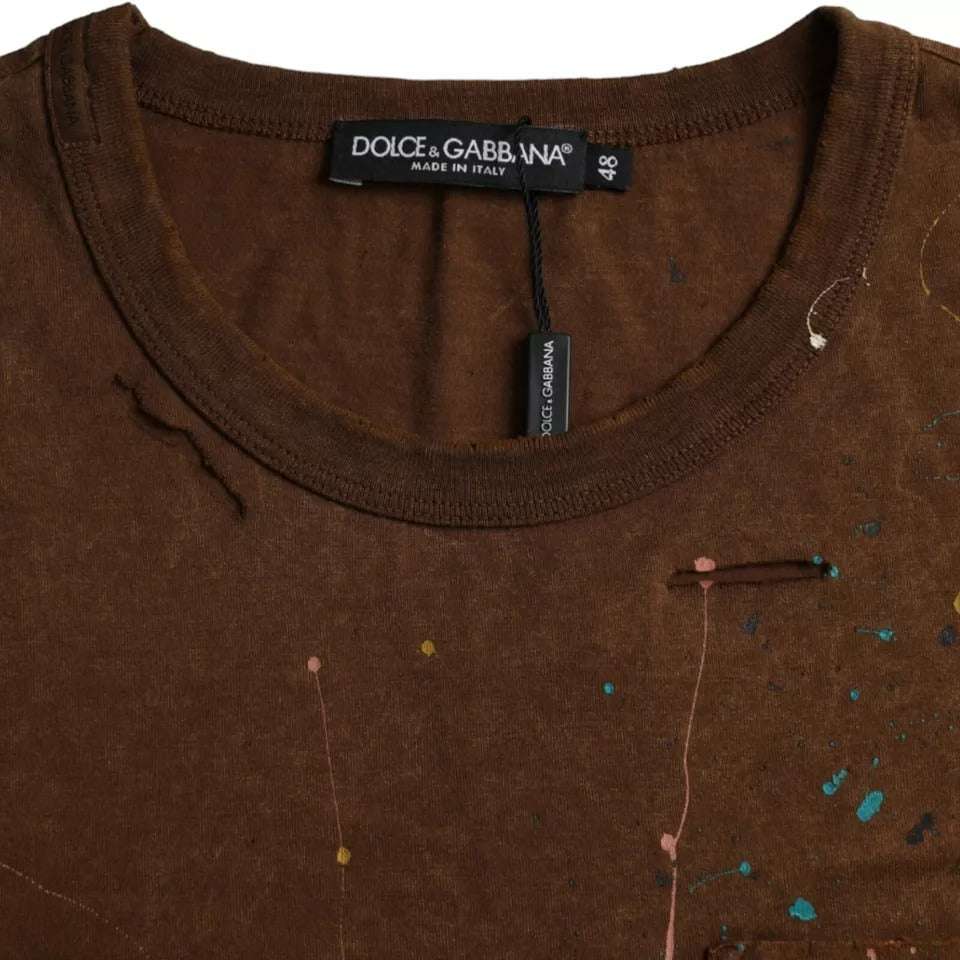 Dolce & Gabbana Brown Color Splash Cotton Crew Neck T-shirt | Regal Royce