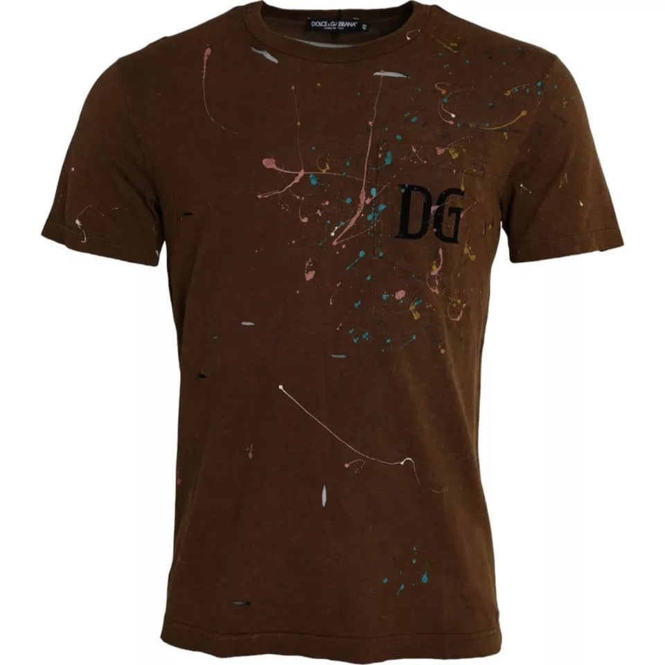 Dolce & Gabbana Brown Color Splash Cotton Crew Neck T-shirt | Regal Royce