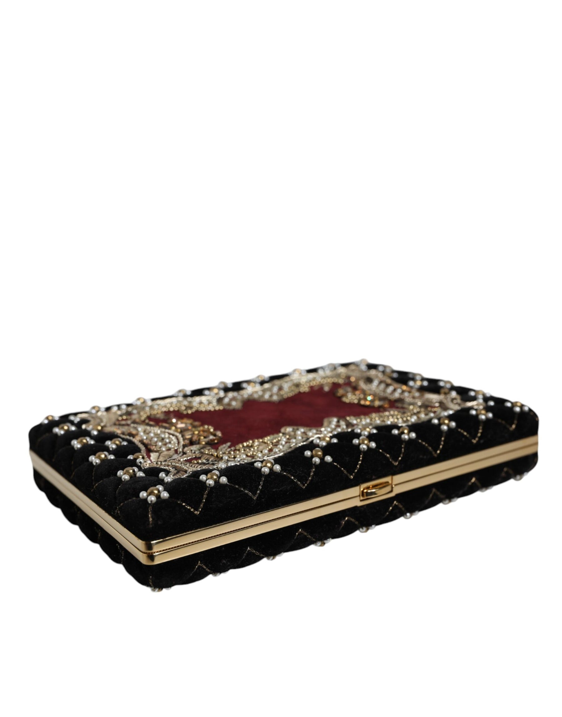 Dolce & Gabbana Bordeaux Black Velvet Gold Frame Clutch Evening Purse Bag | Regal Royce