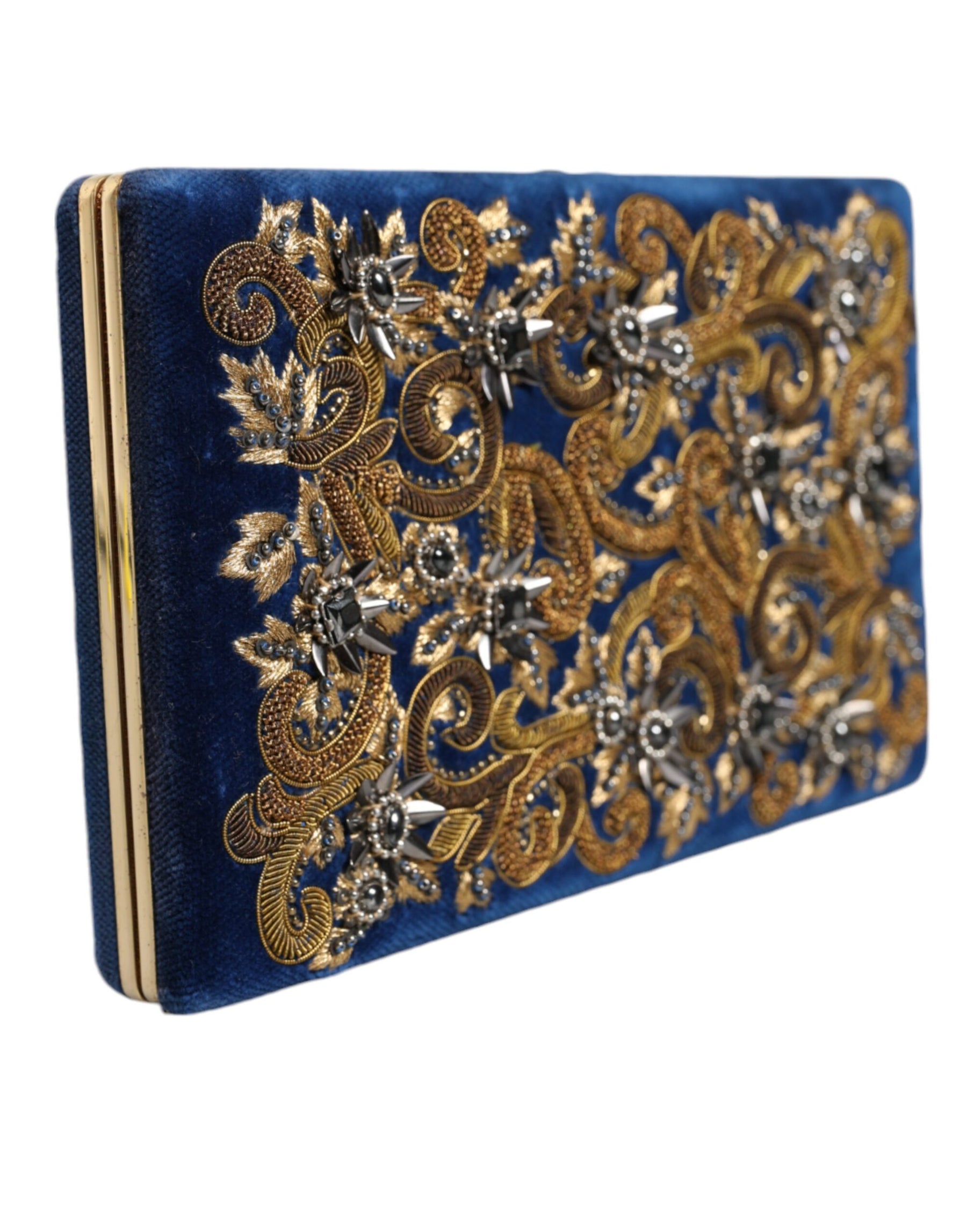 Dolce & Gabbana Blue Velvet Gold Frame Clutch Evening Party Purse Bag | Regal Royce
