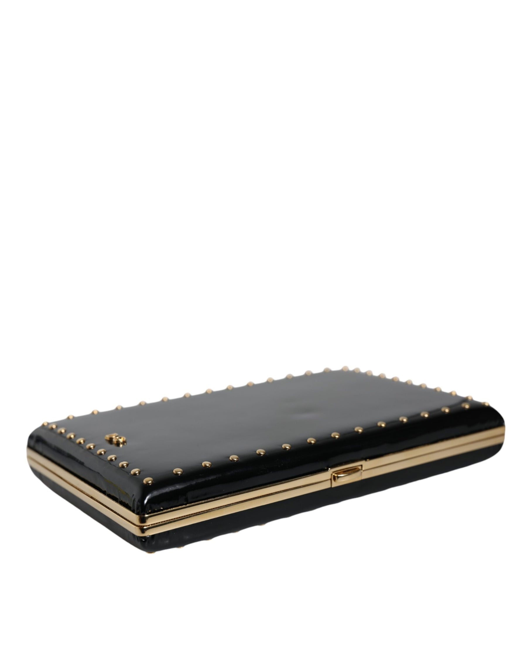 Dolce & Gabbana Black Leather Studs Gold Frame Clutch Evening Purse Bag | Regal Royce
