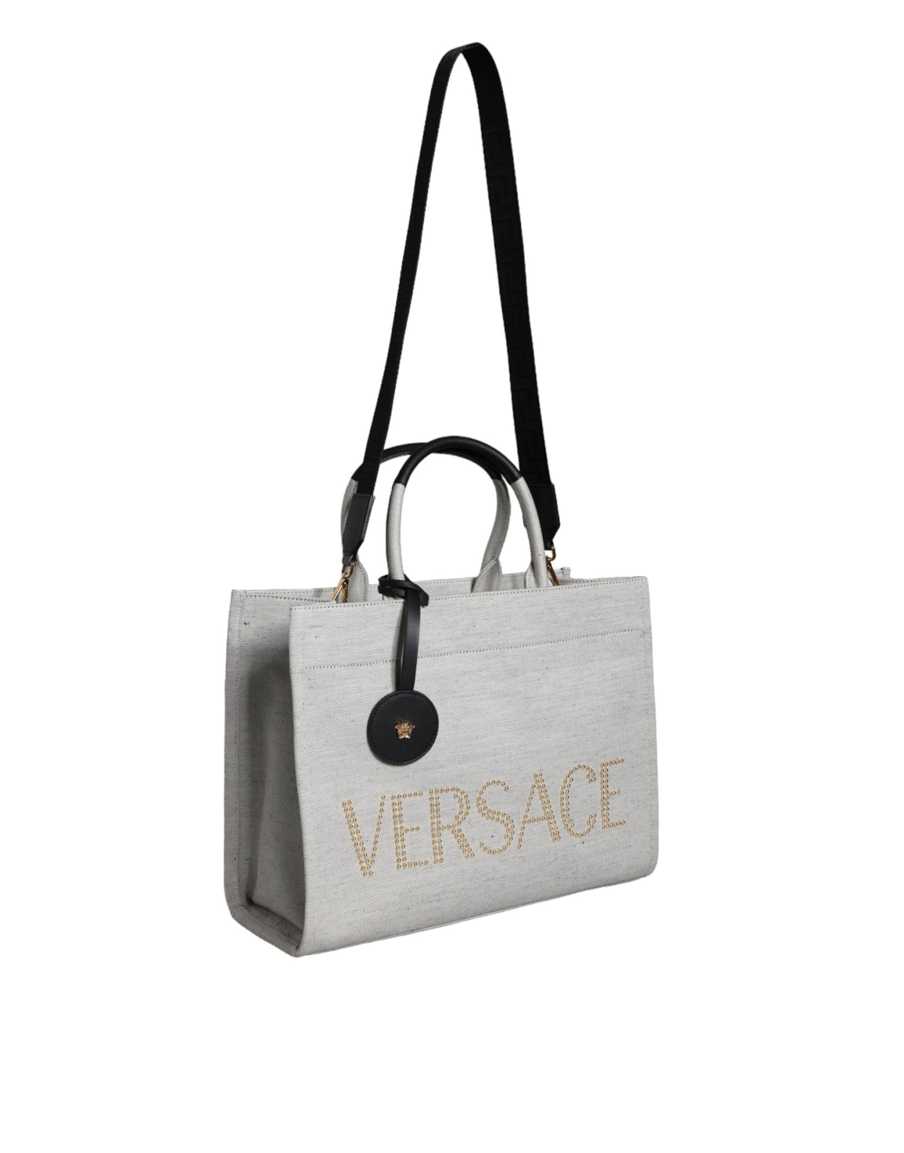 Versace White Top Handle Canvas Leather Logo Crossbody Tote Bag | Regal Royce