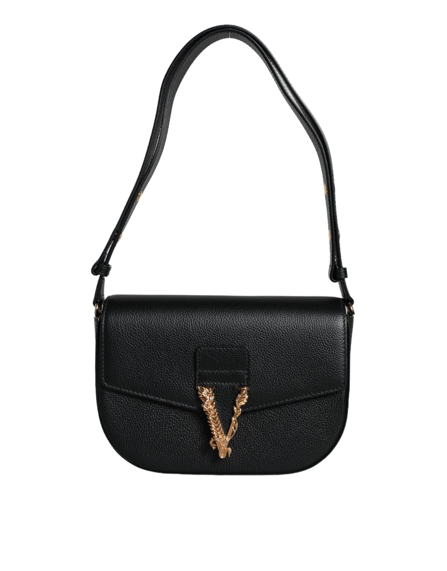 Versace Black Grainy Calf Leather Logo Crossbody Shoulder Bag | Regal Royce