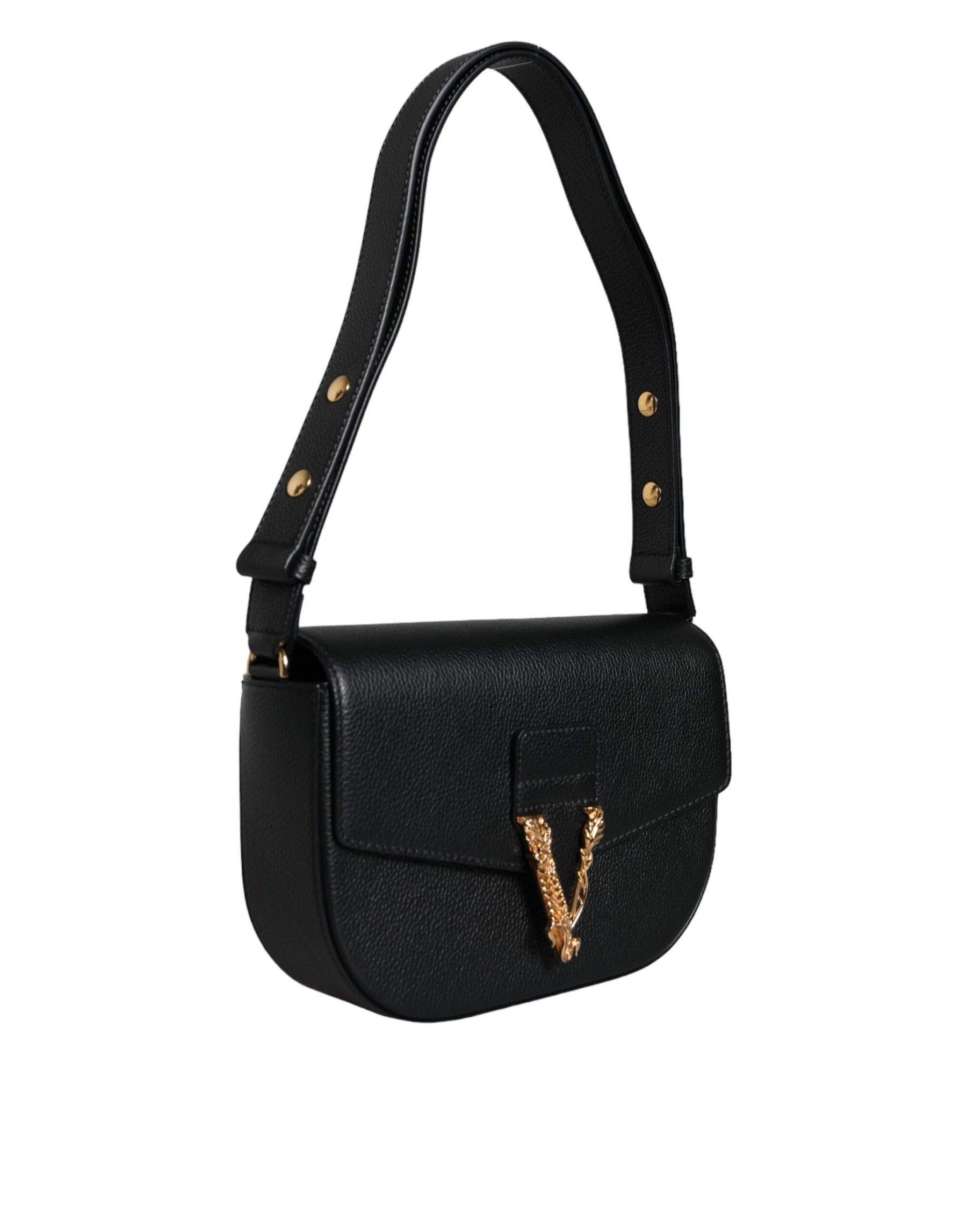 Versace Black Grainy Calf Leather Logo Crossbody Shoulder Bag | Regal Royce