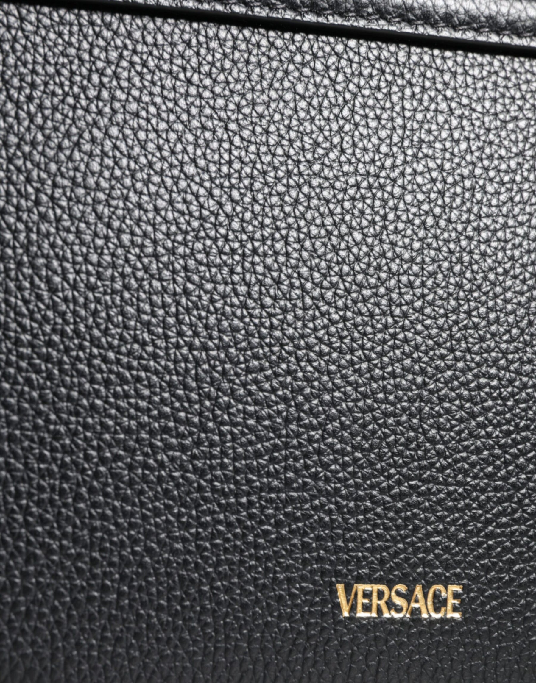 Versace Black Grainy Calf Leather Logo Crossbody Shoulder Bag | Regal Royce
