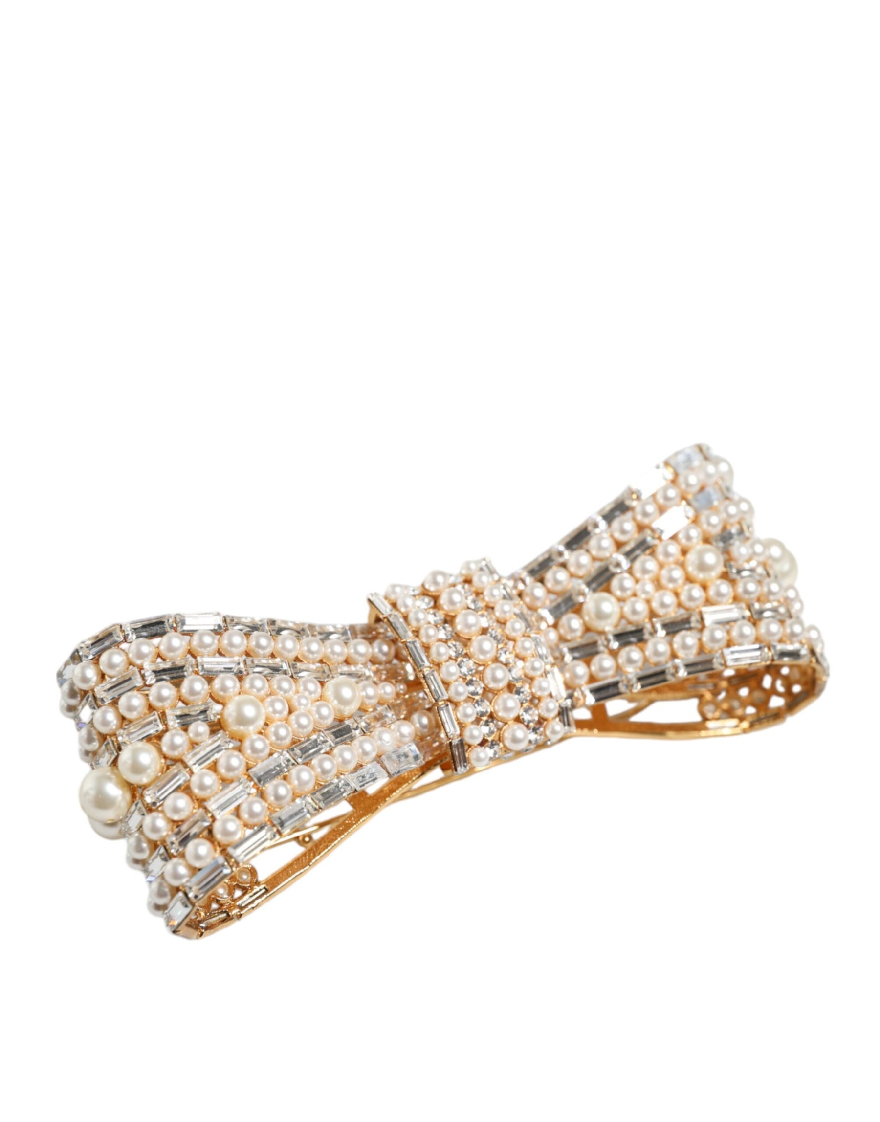 Dolce & Gabbana Gold Tone Brass Bow Crystal FauxPearl Embellished Brooch | Regal Royce
