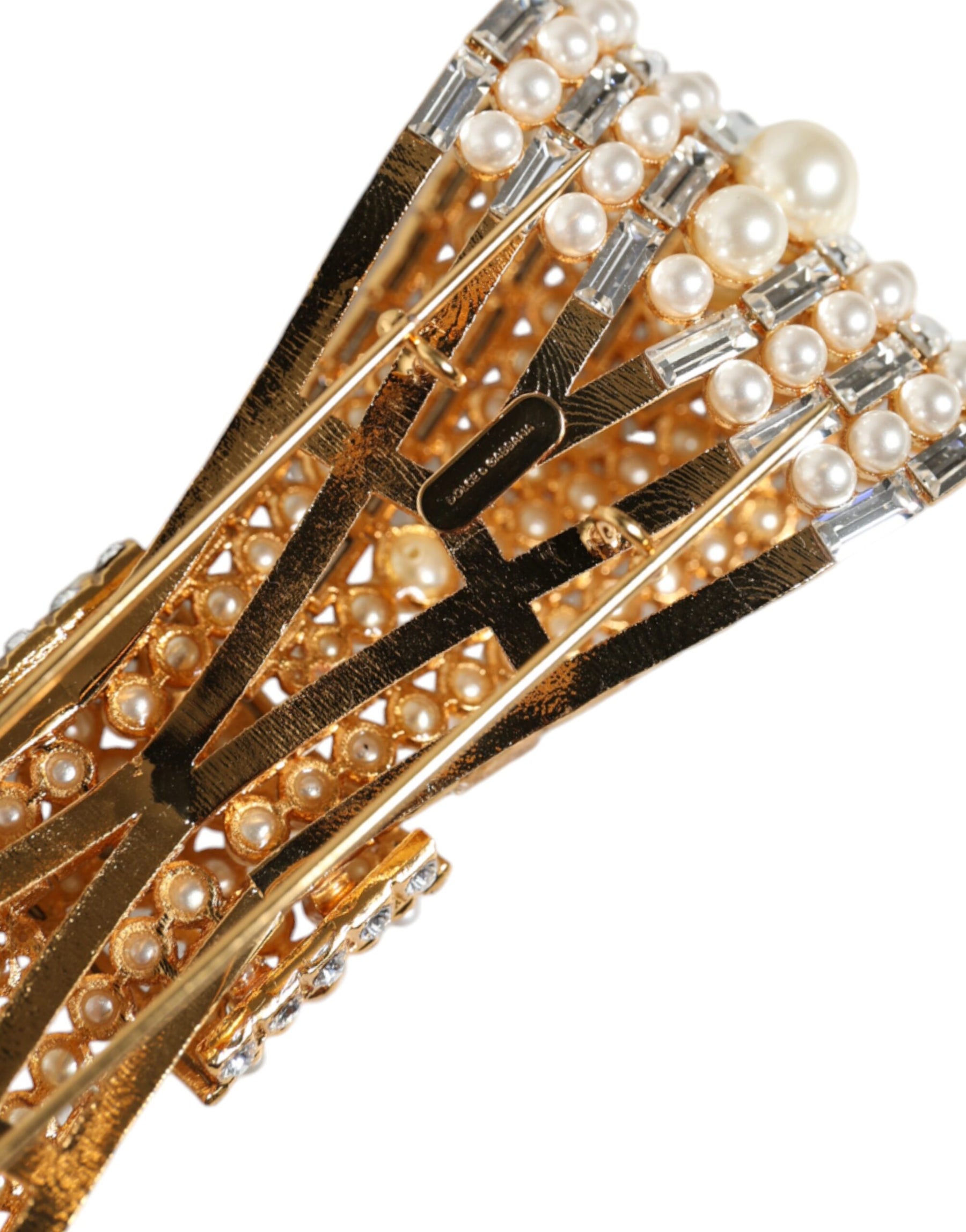 Dolce & Gabbana Gold Tone Brass Bow Crystal FauxPearl Embellished Brooch | Regal Royce