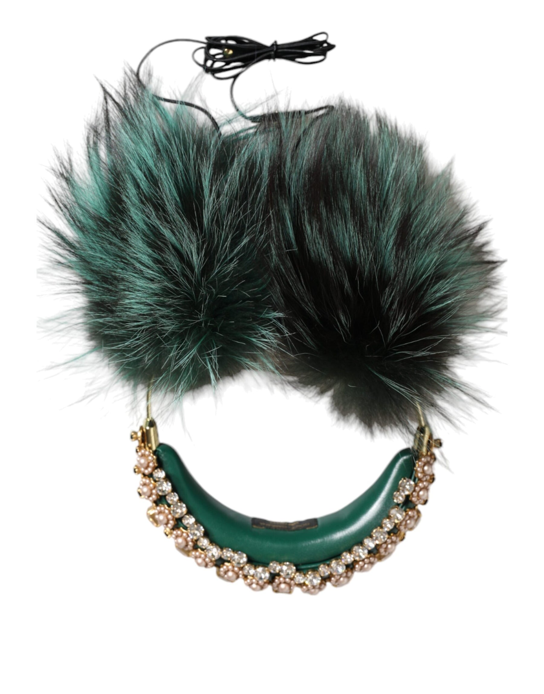 Dolce & Gabbana Green Gold Crystal Fur Headset Audio AUX Headphones | Regal Royce