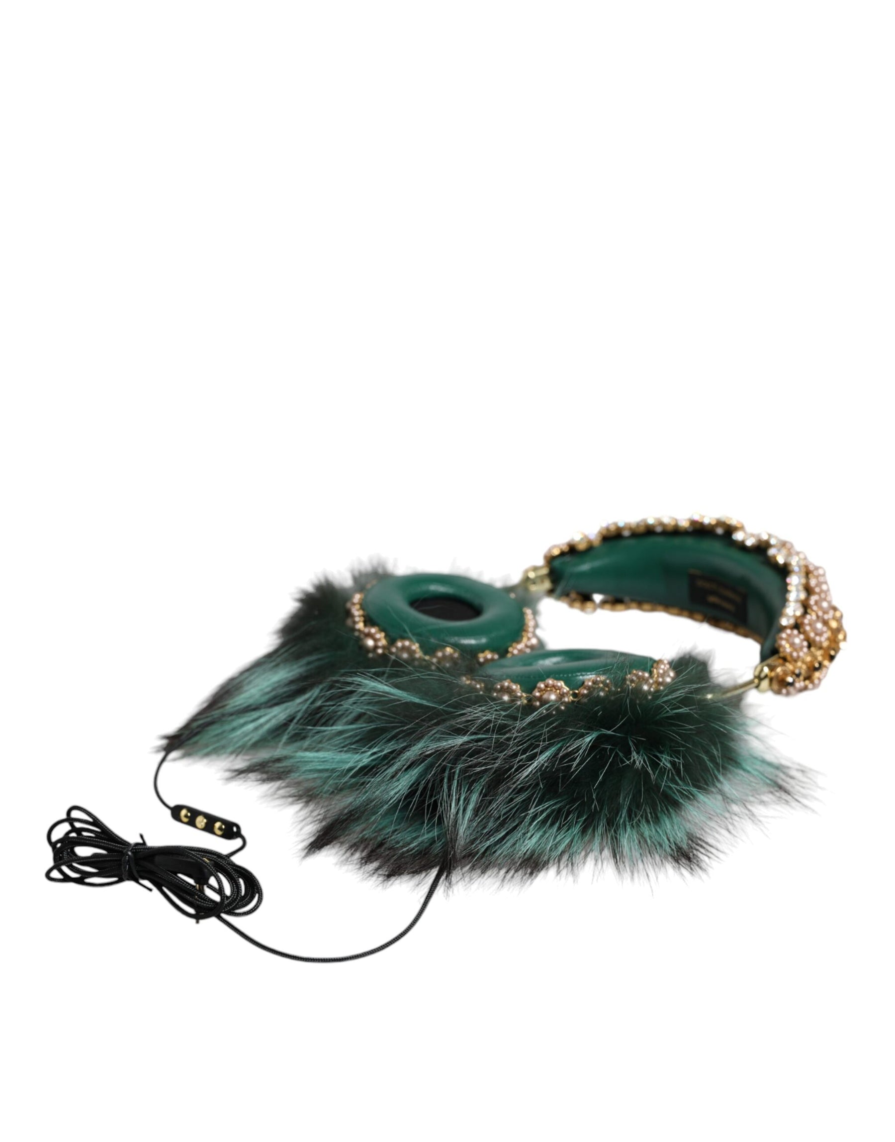Dolce & Gabbana Green Gold Crystal Fur Headset Audio AUX Headphones | Regal Royce