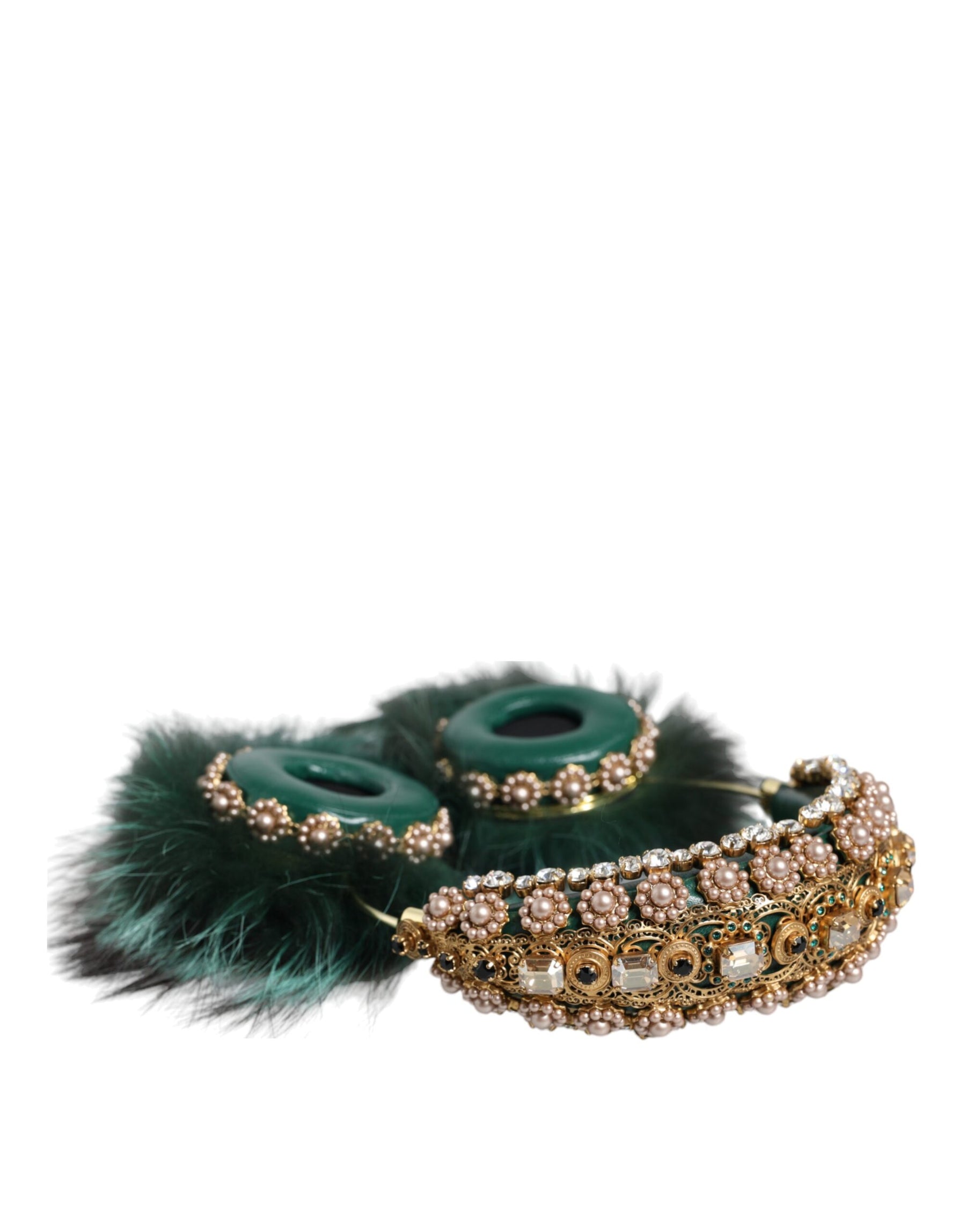 Dolce & Gabbana Green Gold Crystal Fur Headset Audio AUX Headphones | Regal Royce