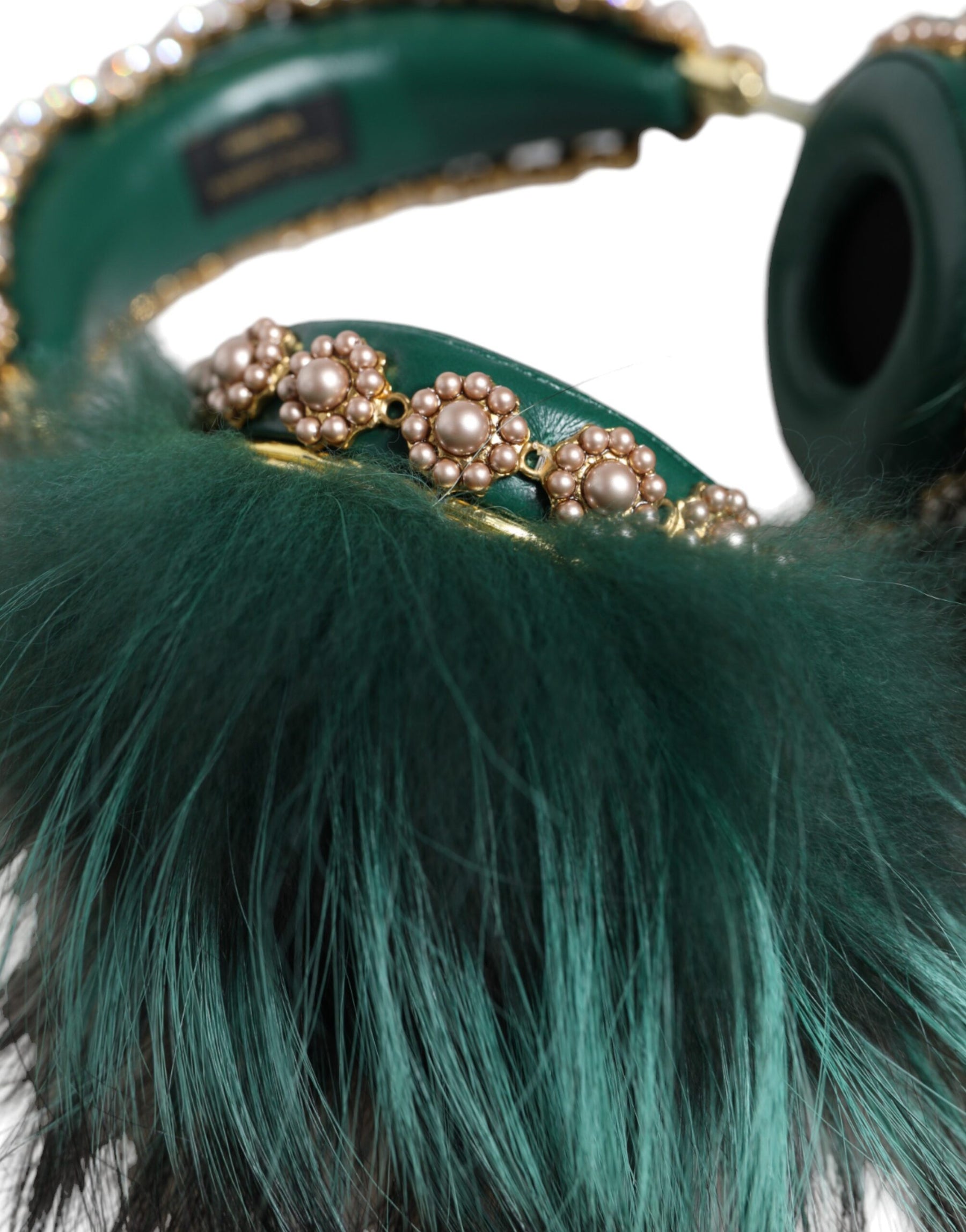Dolce & Gabbana Green Gold Crystal Fur Headset Audio AUX Headphones | Regal Royce
