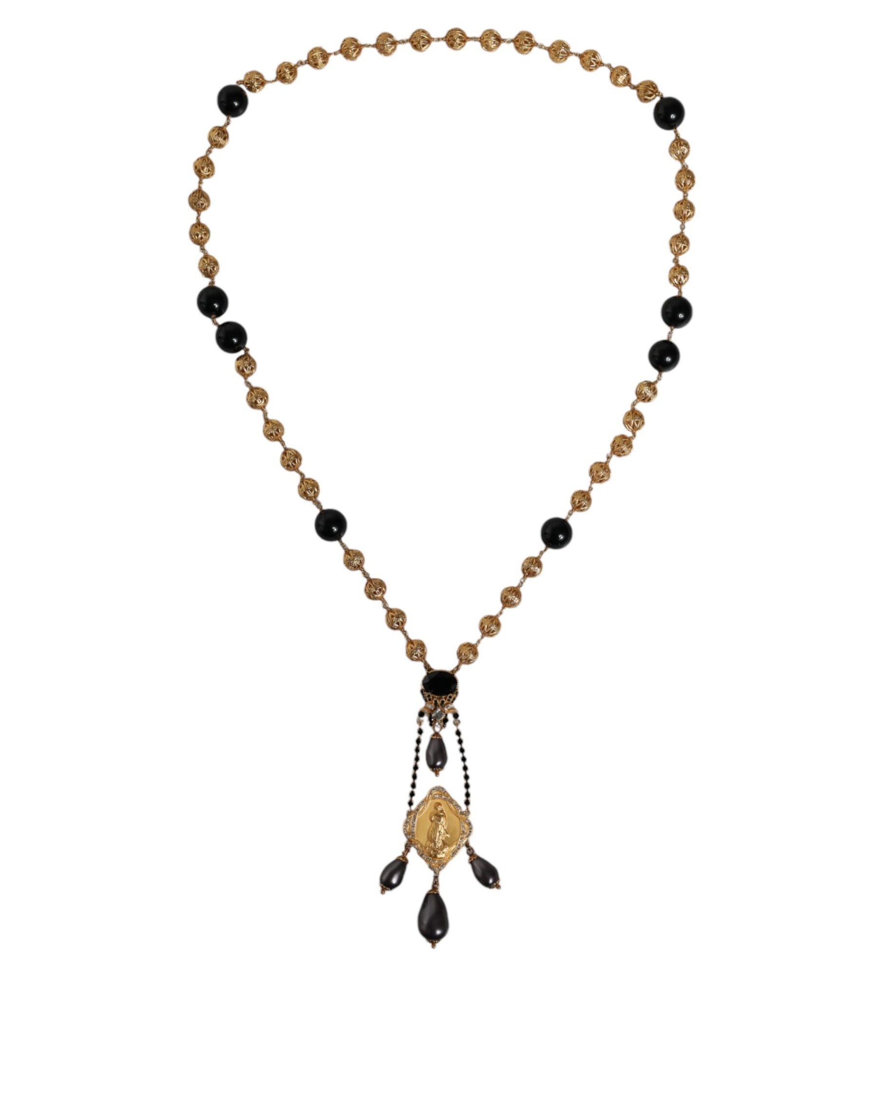 Dolce & Gabbana Gold Chain Brass Black Beaded Rosary Style Necklace | Regal Royce