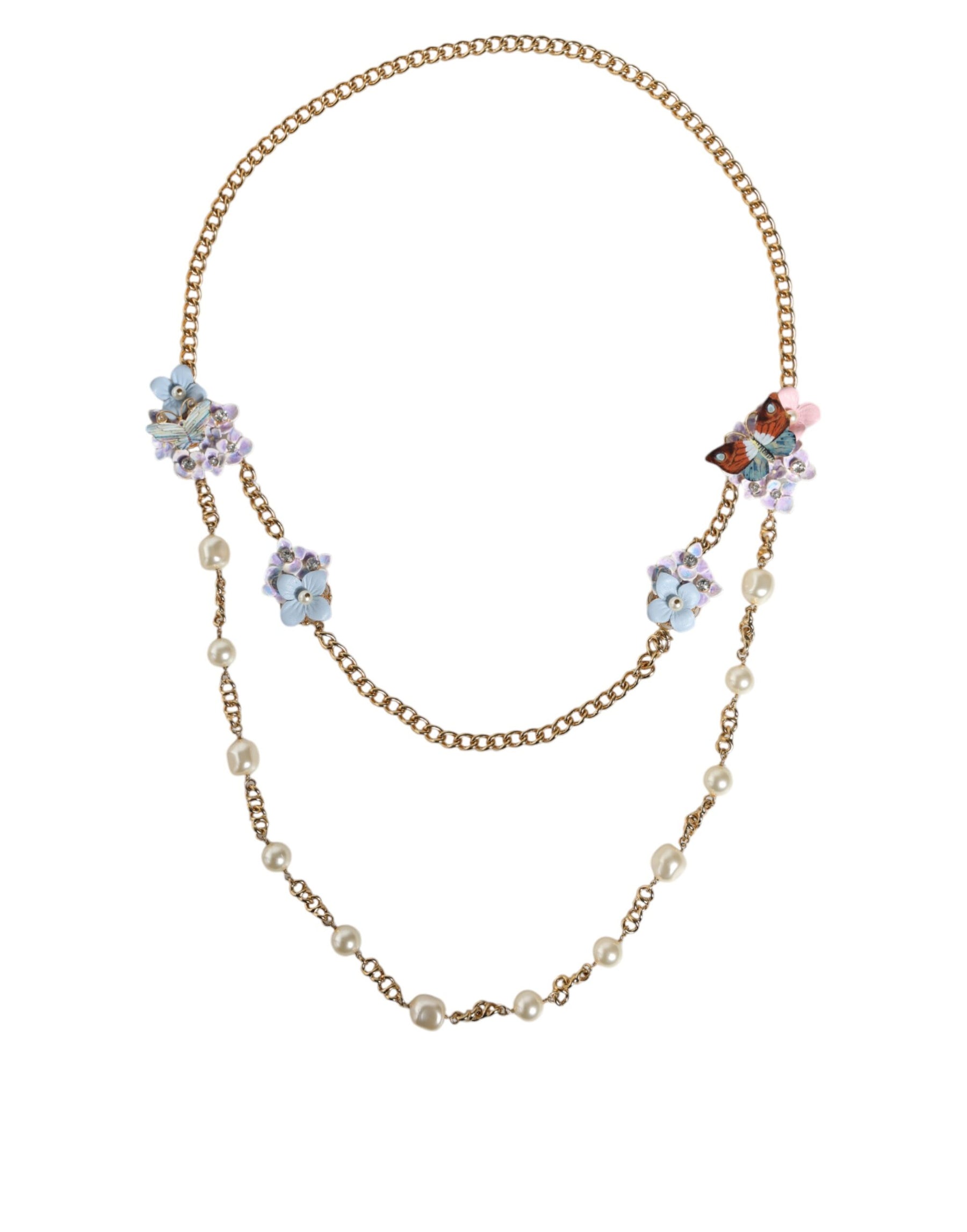 Dolce & Gabbana Gold Chain Brass Floral Layered Crystal Pearl Necklace | Regal Royce