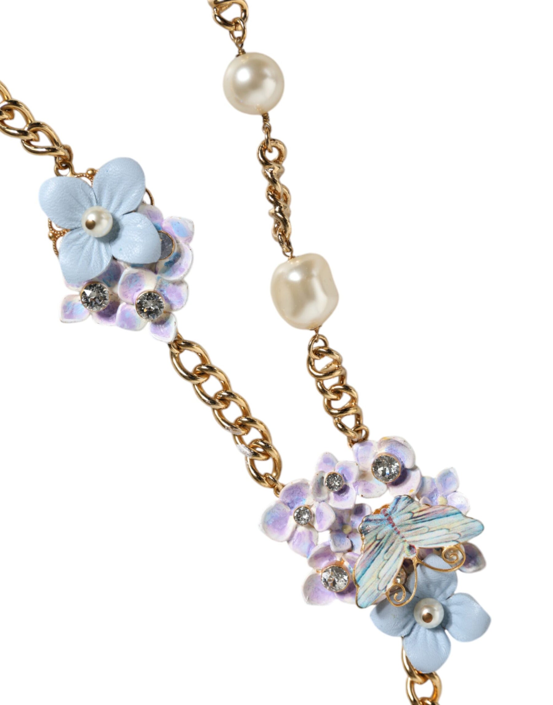 Dolce & Gabbana Gold Chain Brass Floral Layered Crystal Pearl Necklace | Regal Royce