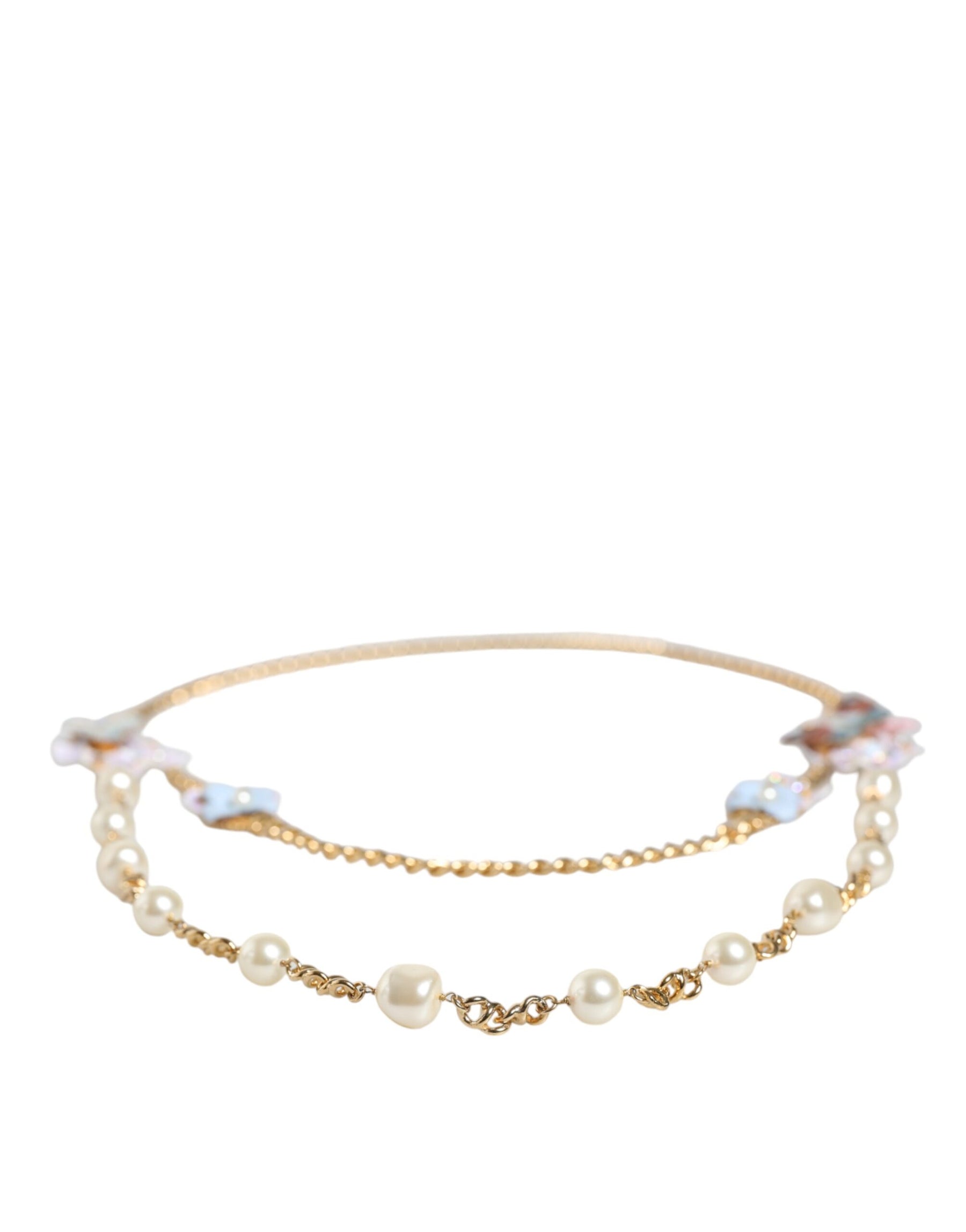 Dolce & Gabbana Gold Chain Brass Floral Layered Crystal Pearl Necklace | Regal Royce
