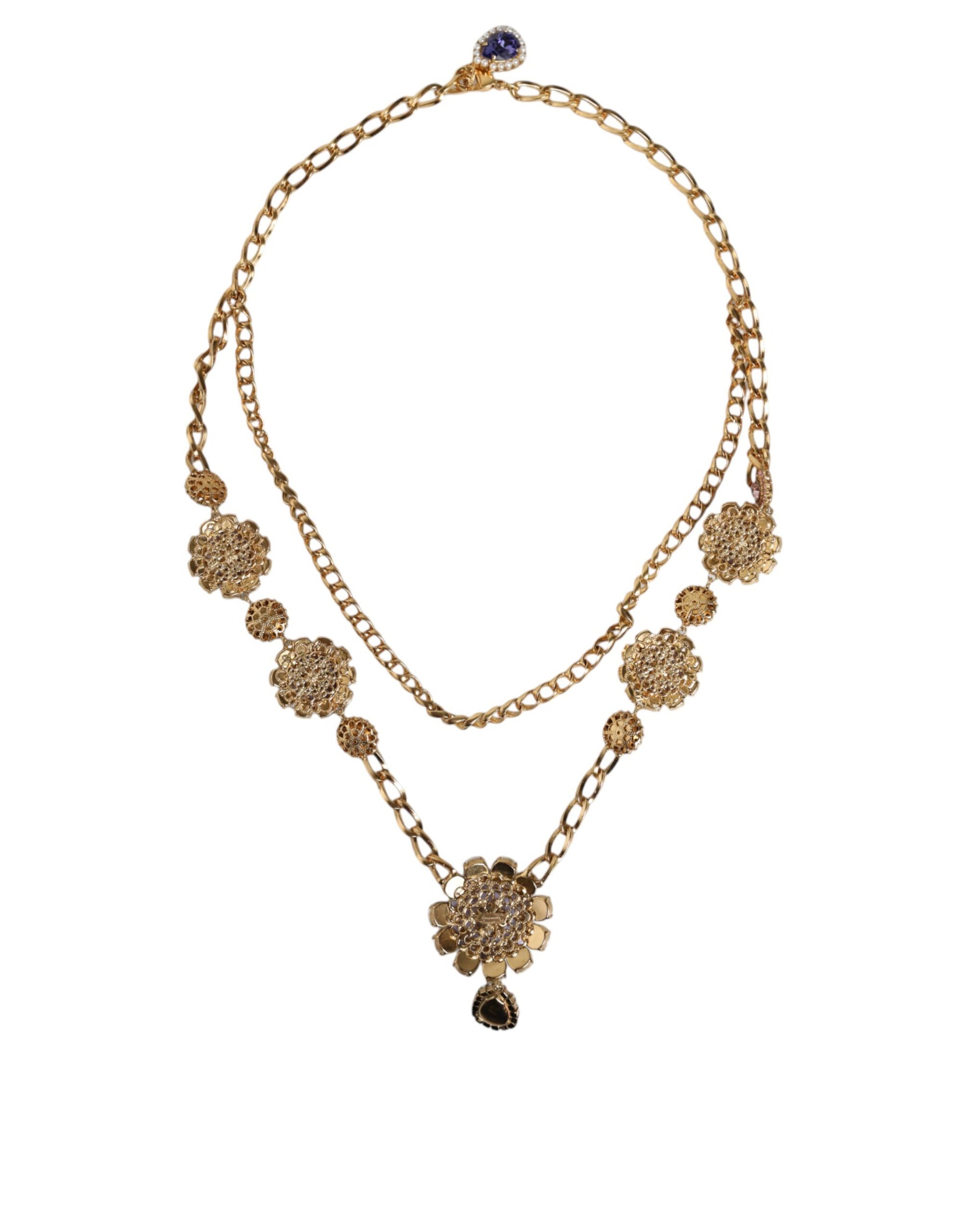 Dolce & Gabbana Gold Tone Floral Crystals Embellished Layered Necklace | Regal Royce