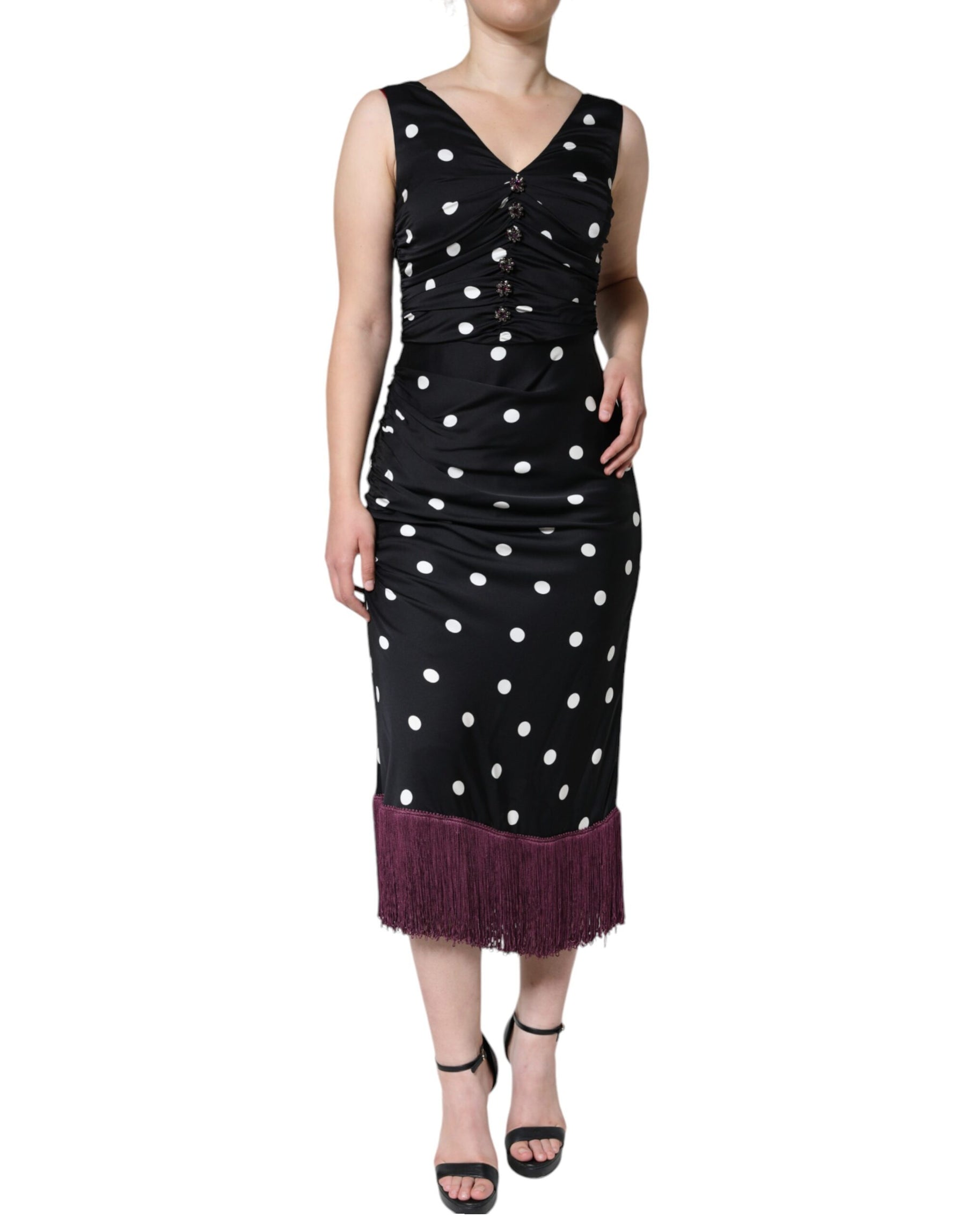 Dolce & Gabbana Black Silk Polka Dot V-neck Tassel Midi Dress | Regal Royce