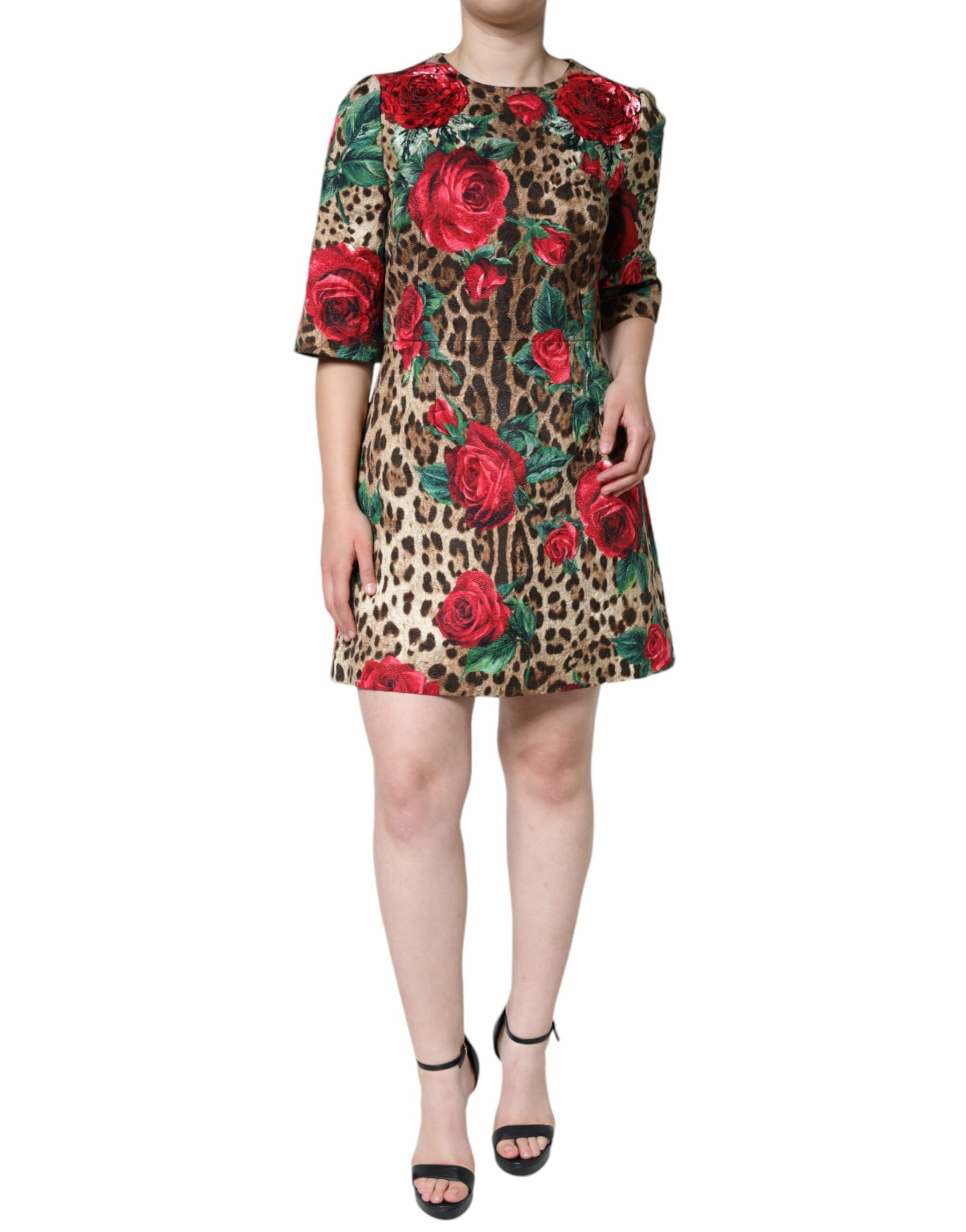 Dolce & Gabbana Brown Leopard Red Roses Cotton A-line Dress | Regal Royce