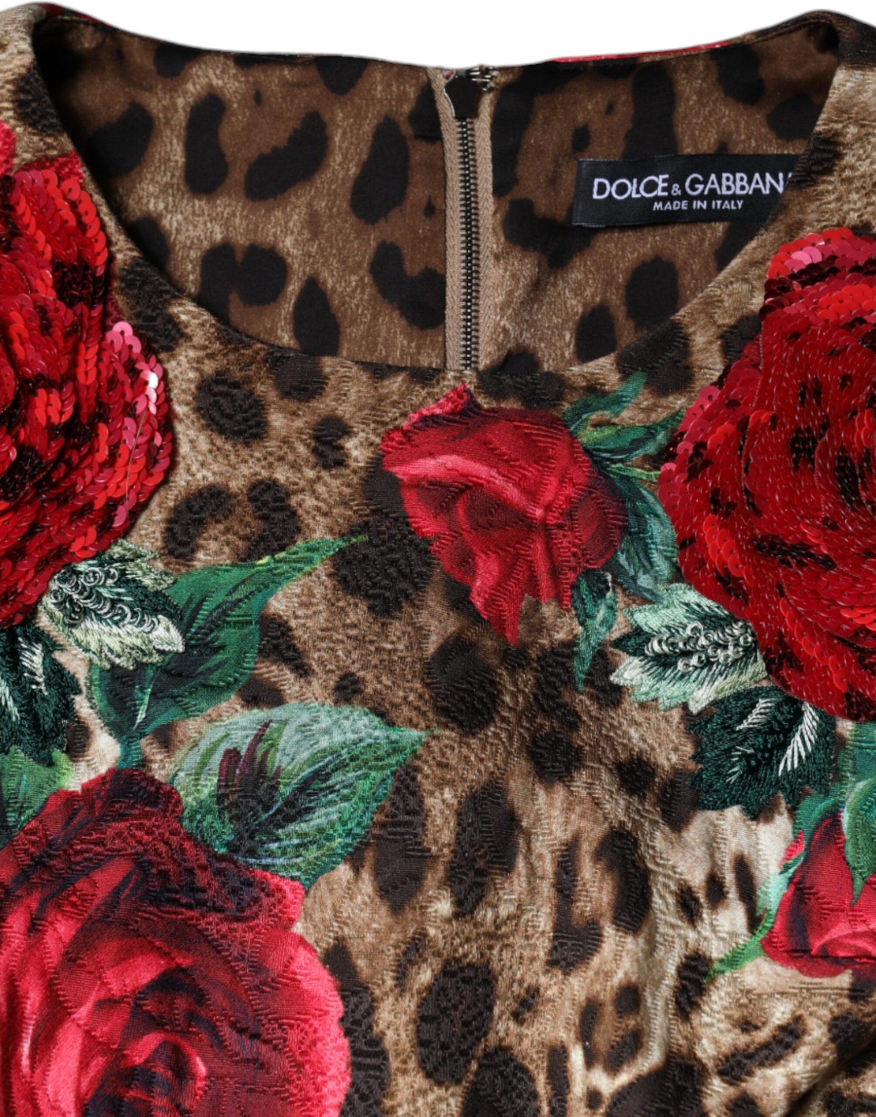 Dolce & Gabbana Brown Leopard Red Roses Cotton A-line Dress | Regal Royce