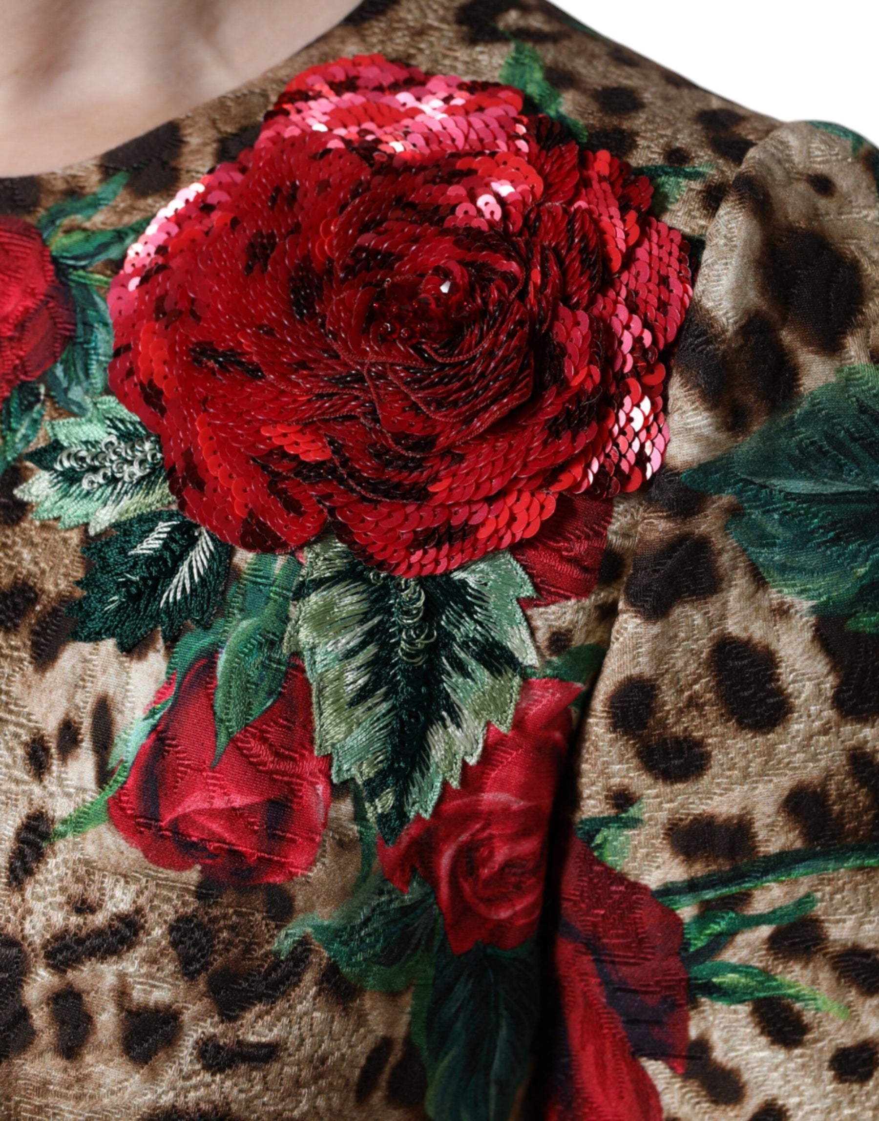 Dolce & Gabbana Brown Leopard Red Roses Cotton A-line Dress | Regal Royce