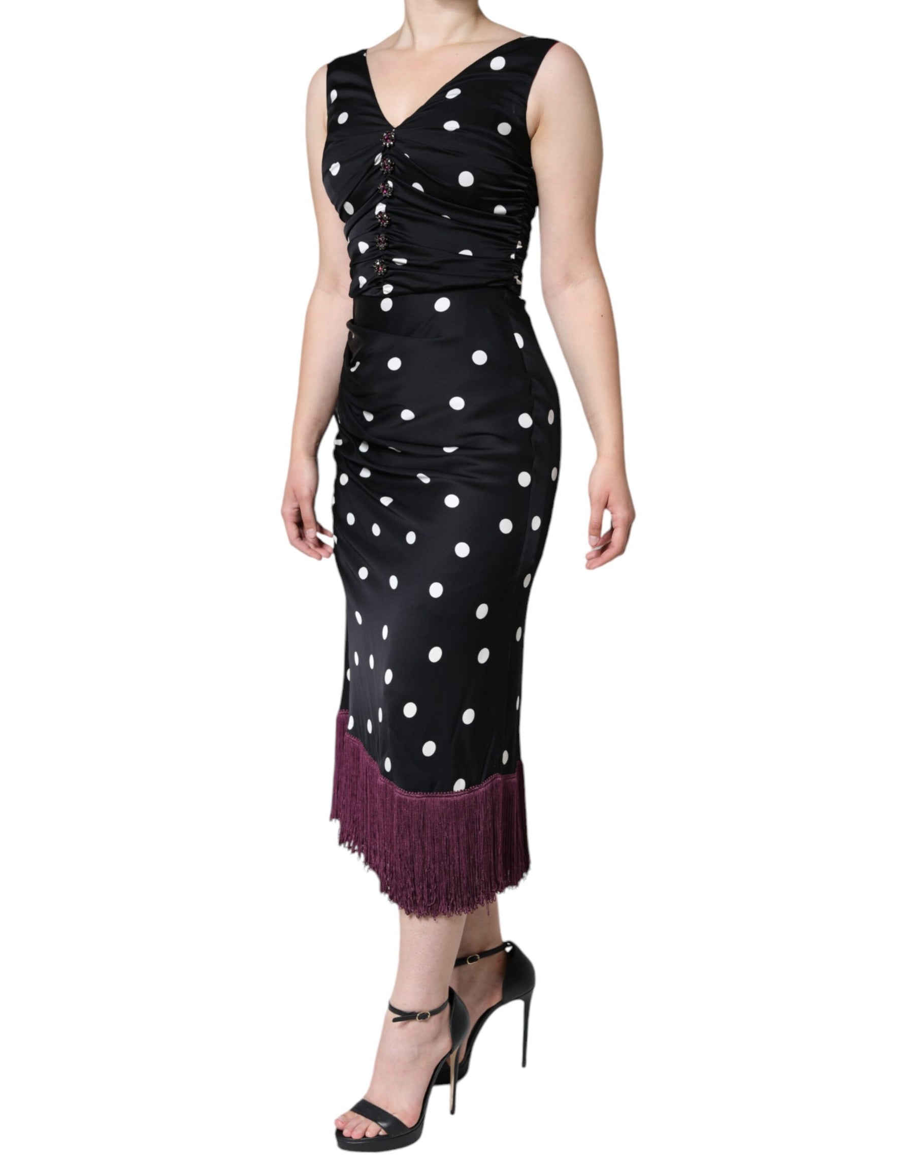 Dolce & Gabbana Black Silk Polka Dot V-neck Tassel Midi Dress | Regal Royce