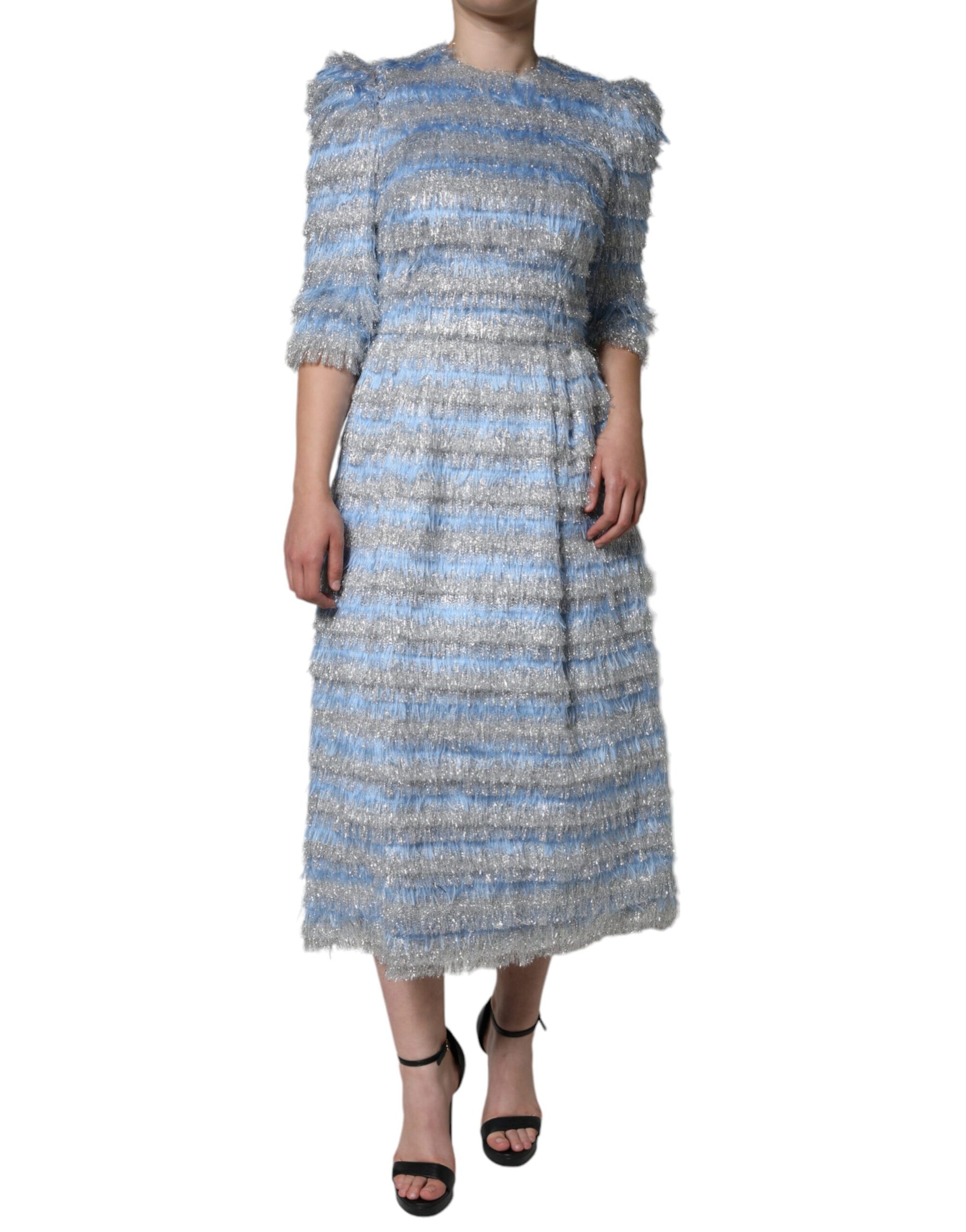 Dolce & Gabbana Light Blue Silver Jacquard A-line Midi Dress | Regal Royce