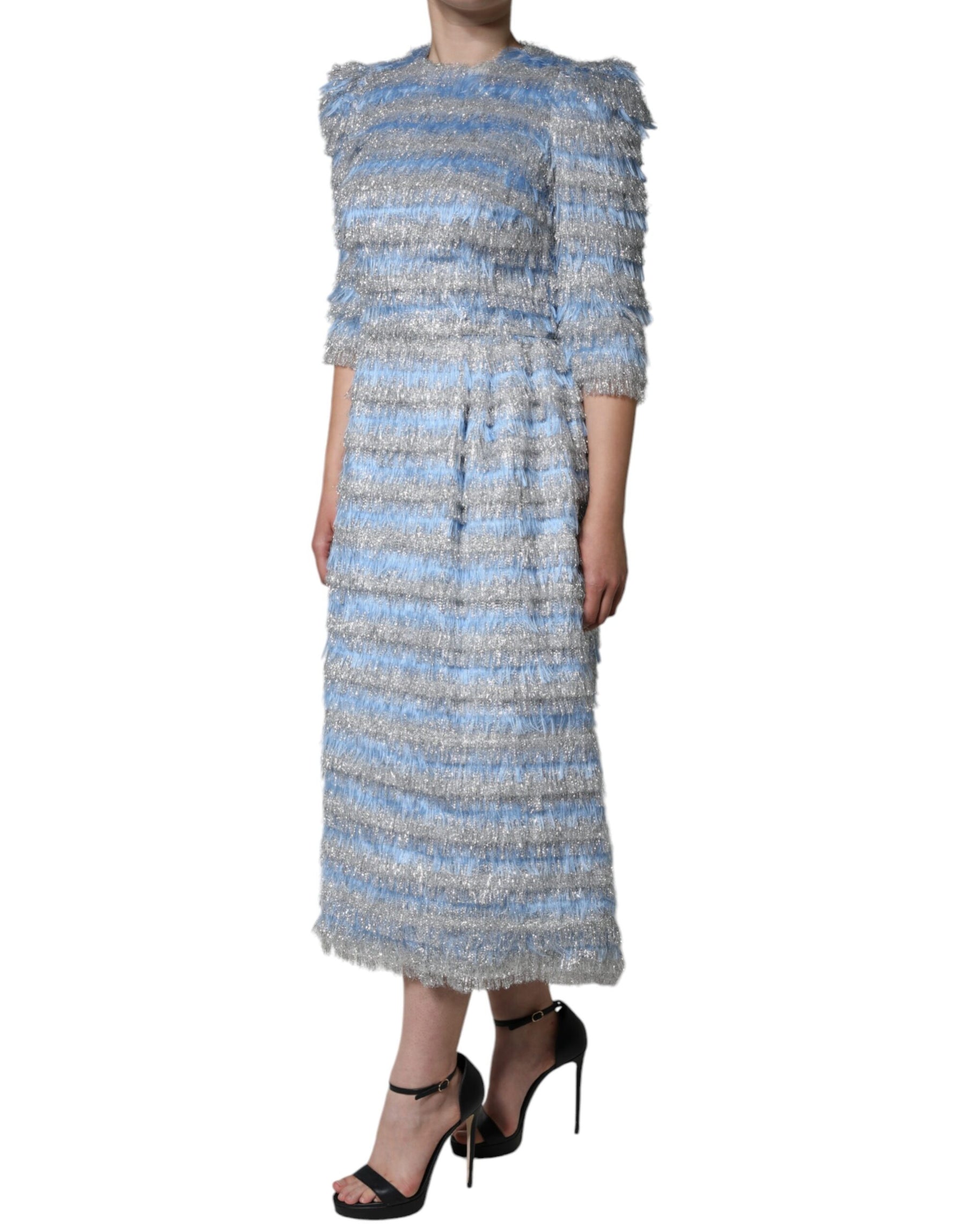 Dolce & Gabbana Light Blue Silver Jacquard A-line Midi Dress | Regal Royce