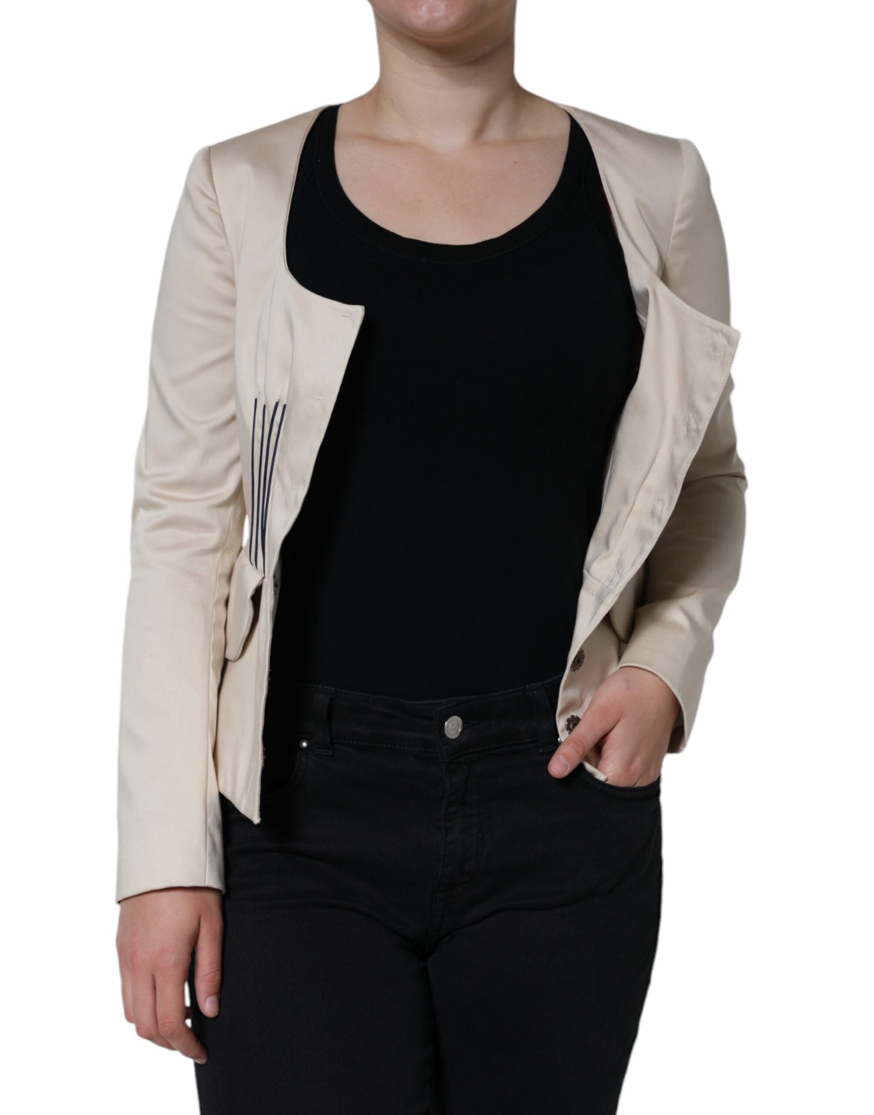 Valentino Beige Cotton Long Sleeves Round Neck Blazer Jacket | Regal Royce