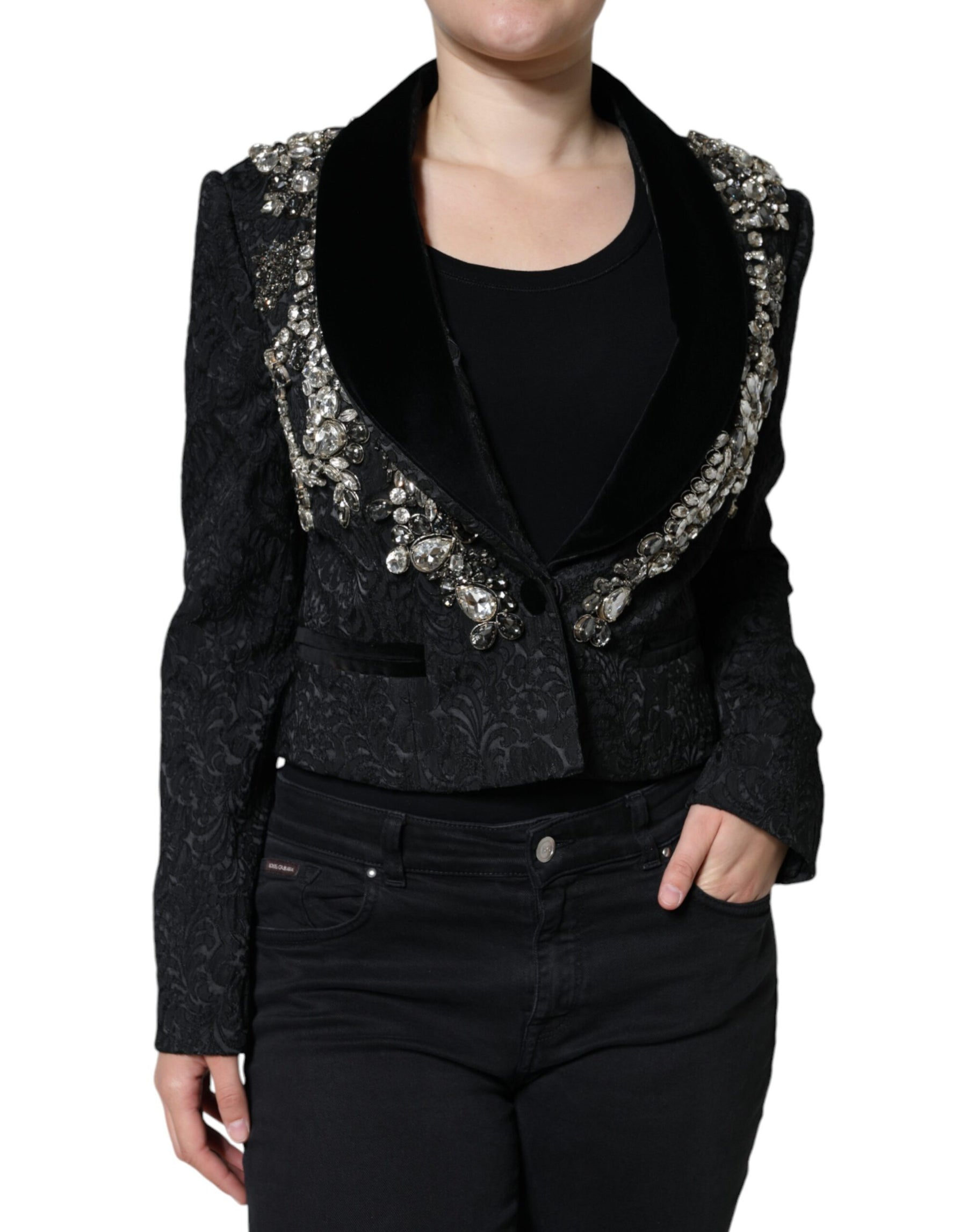 Dolce & Gabbana Black Jacquard Crystal Floral Jacket Blazer | Regal Royce