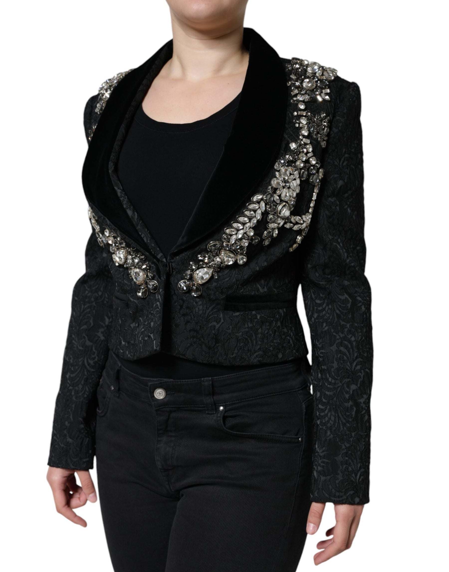 Dolce & Gabbana Black Jacquard Crystal Floral Jacket Blazer | Regal Royce