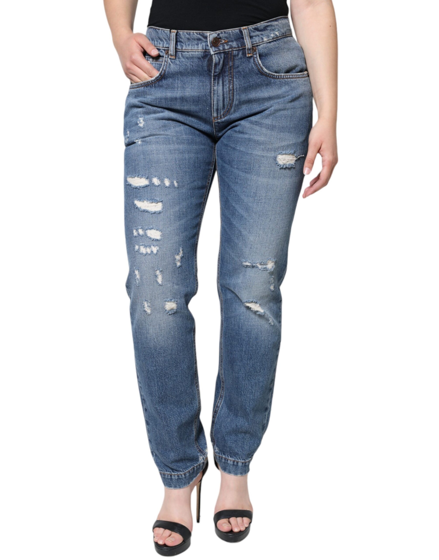 Dolce & Gabbana Blue Cotton Tattered Boyfriend Denim Jeans | Regal Royce