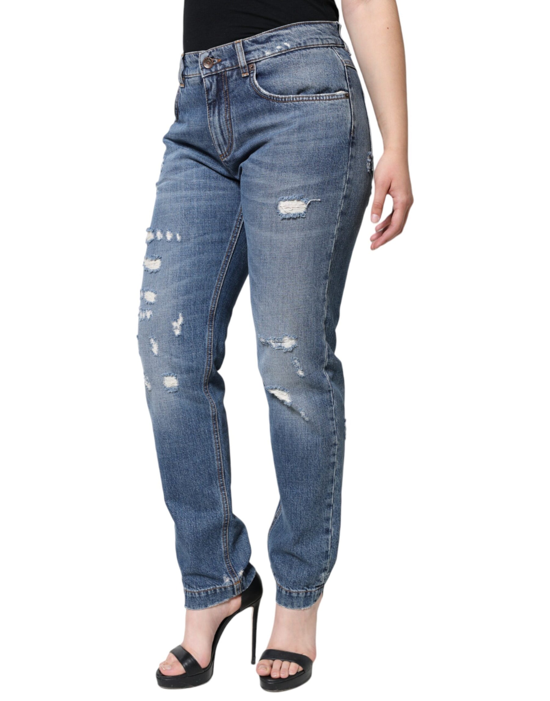 Dolce & Gabbana Blue Cotton Tattered Boyfriend Denim Jeans | Regal Royce