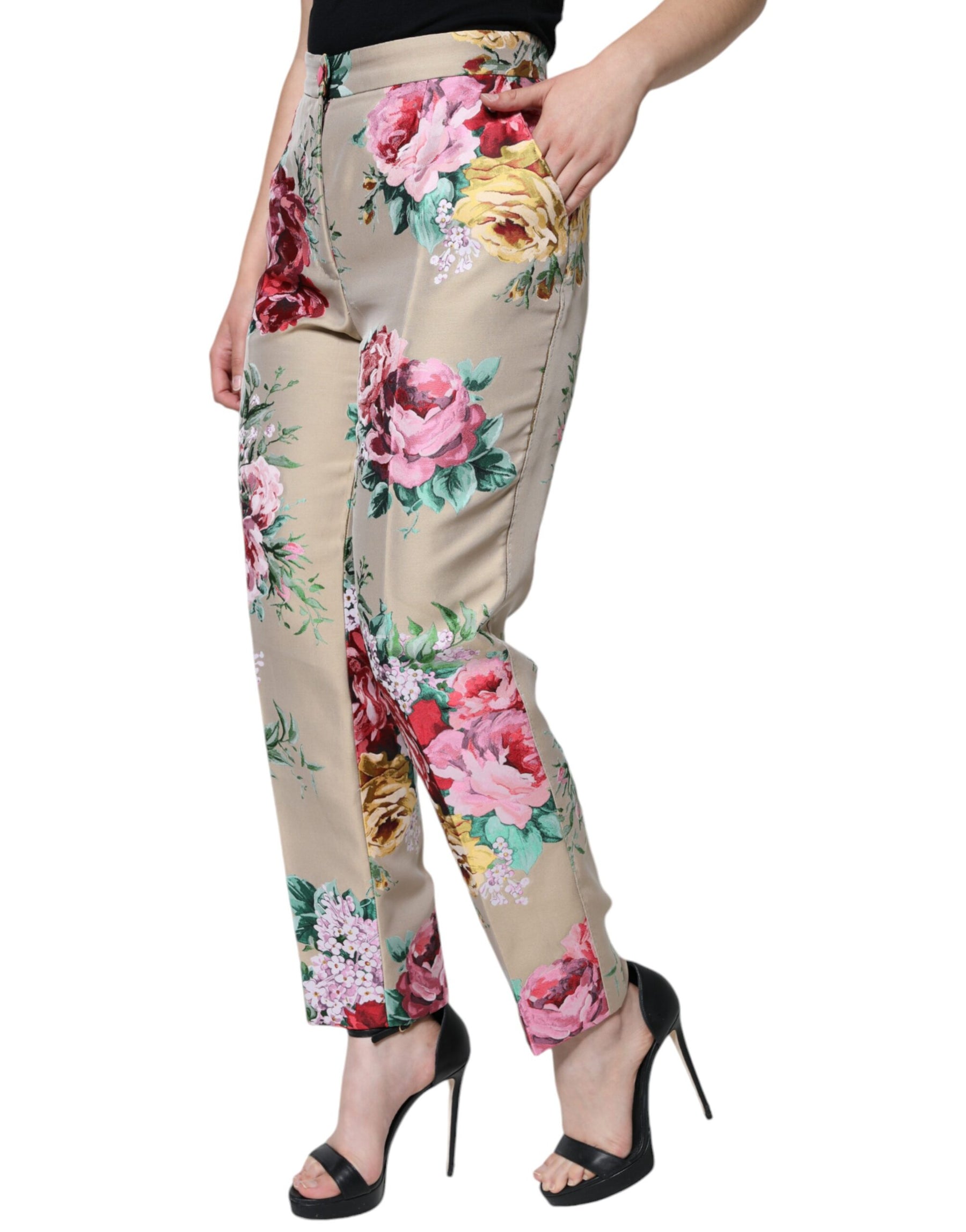 Dolce & Gabbana Beige Floral Jacquard High Waist Tapered Pants | Regal Royce