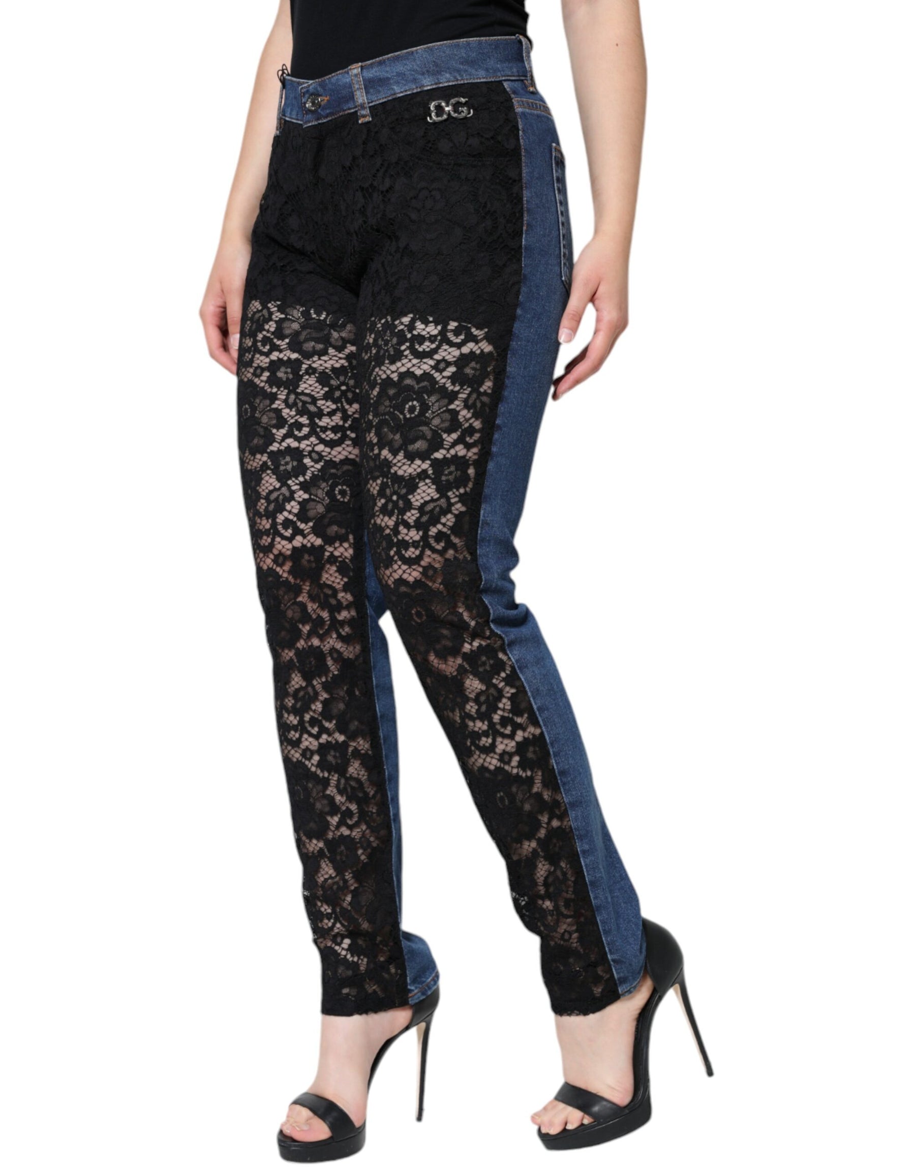 Dolce & Gabbana Black Floral Lace Front Skinny Denim Jeans | Regal Royce