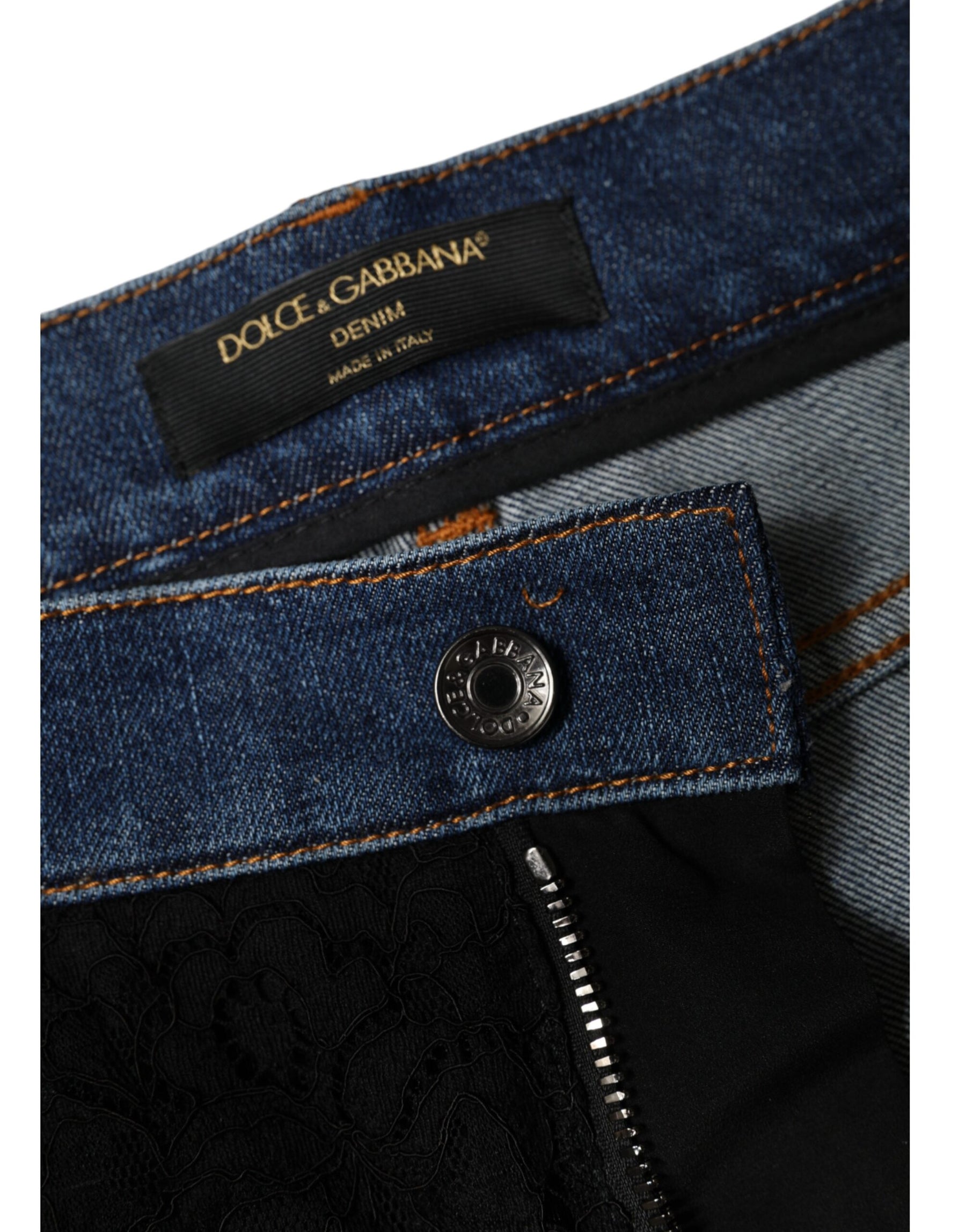 Dolce & Gabbana Black Floral Lace Front Skinny Denim Jeans | Regal Royce