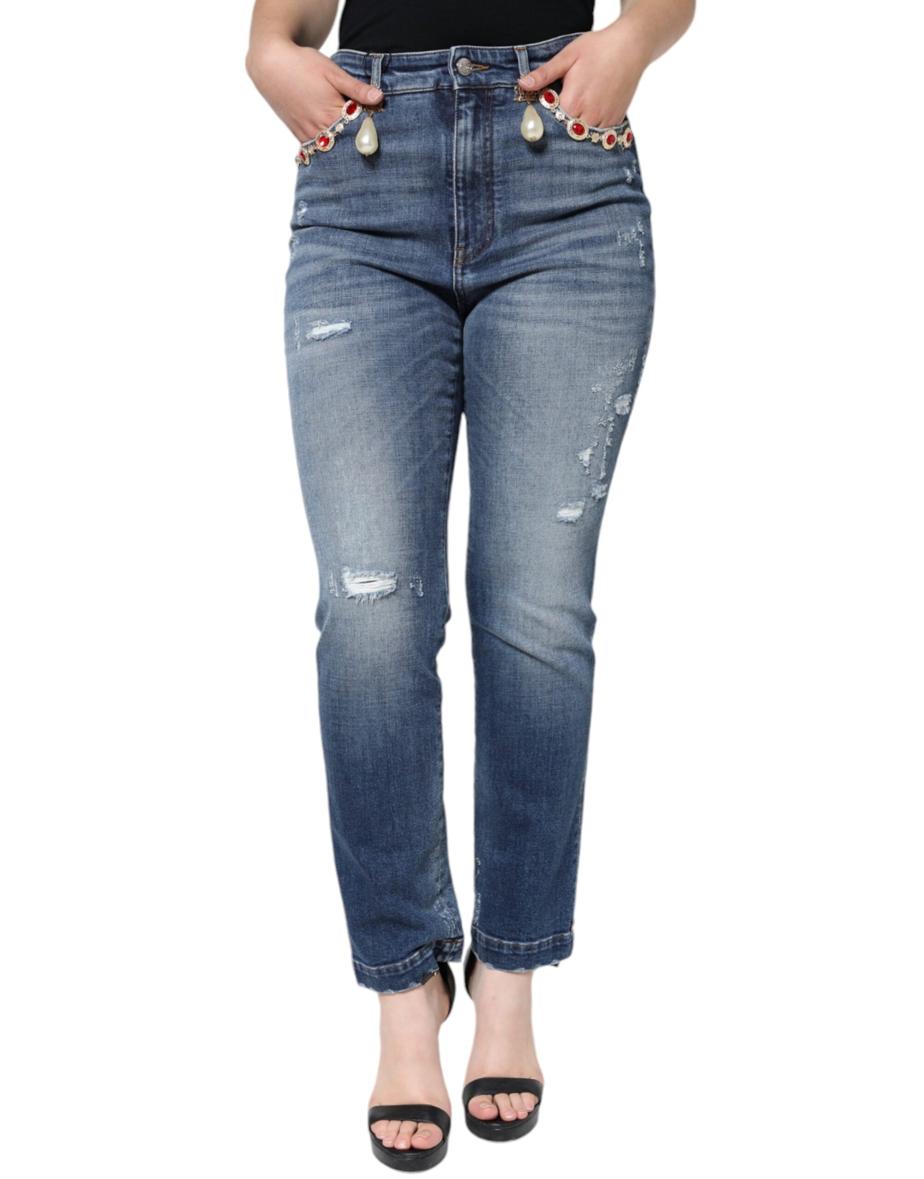 Dolce & Gabbana Dark Blue Cotton Tattered Skinny Denim Jeans | Regal Royce