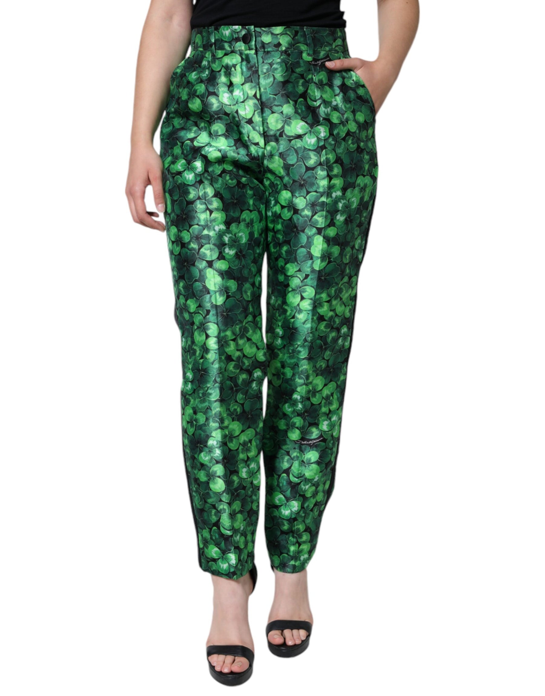 Dolce & Gabbana Green Clover Silk Satin High Waist Tapered Pants | Regal Royce