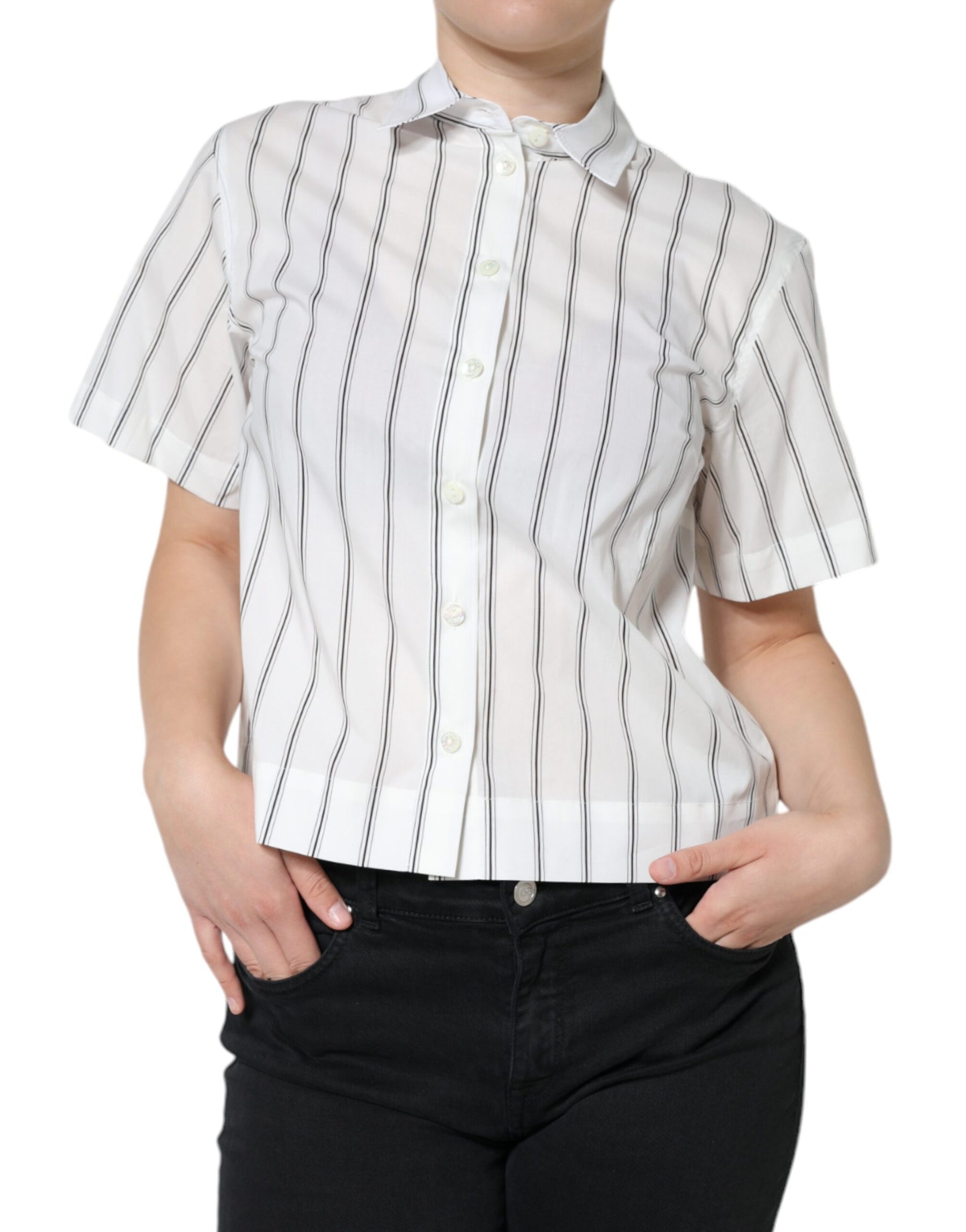 Dolce & Gabbana White Striped Collared Short Sleeve Polo Top | Regal Royce