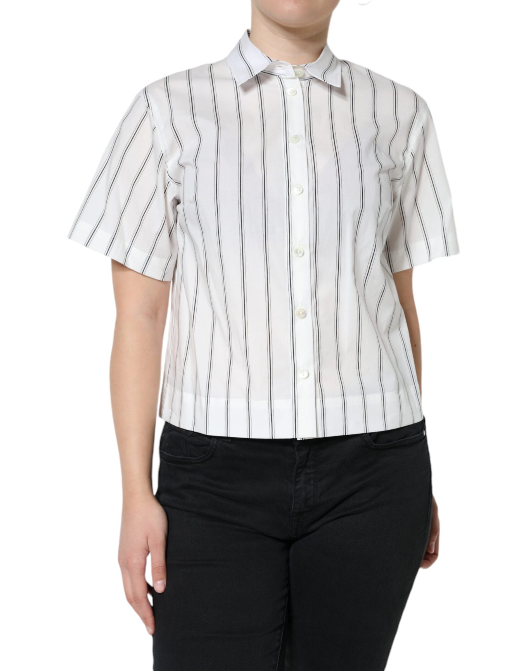 Dolce & Gabbana White Striped Collared Short Sleeve Polo Top | Regal Royce