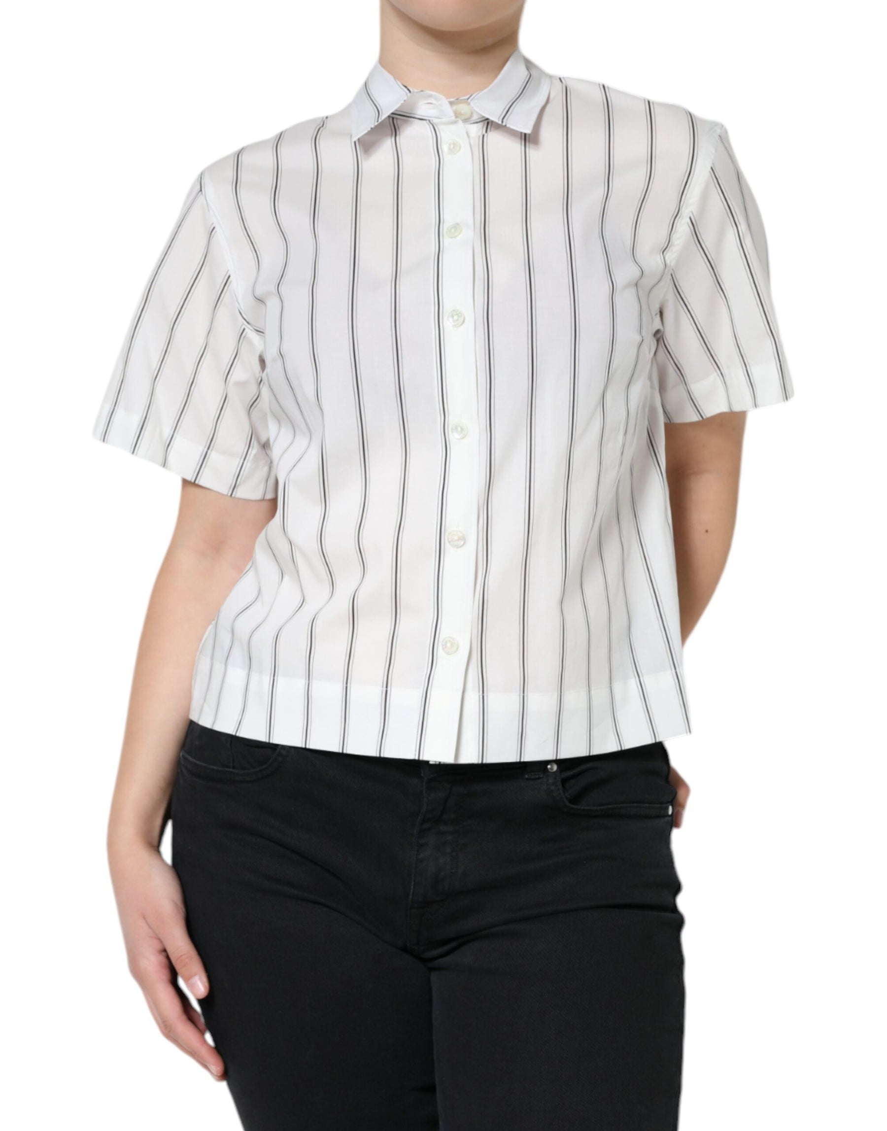 Dolce & Gabbana White Striped Collared Short Sleeve Polo Top | Regal Royce