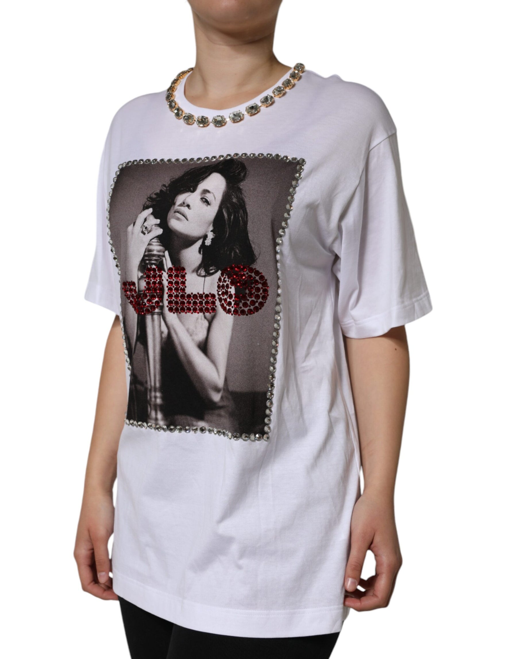 Dolce & Gabbana White Crystal Neckline Embellished Printed T-shirt | Regal Royce