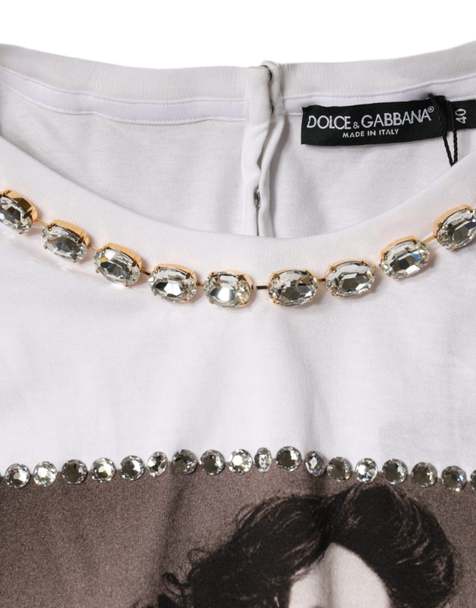 Dolce & Gabbana White Crystal Neckline Embellished Printed T-shirt | Regal Royce