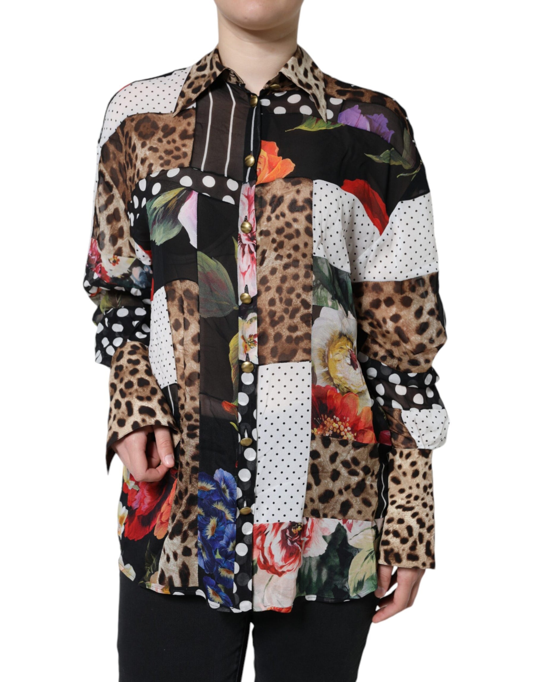 Dolce & Gabbana Multicolor Patchwork Silk Collared Blouse Top | Regal Royce