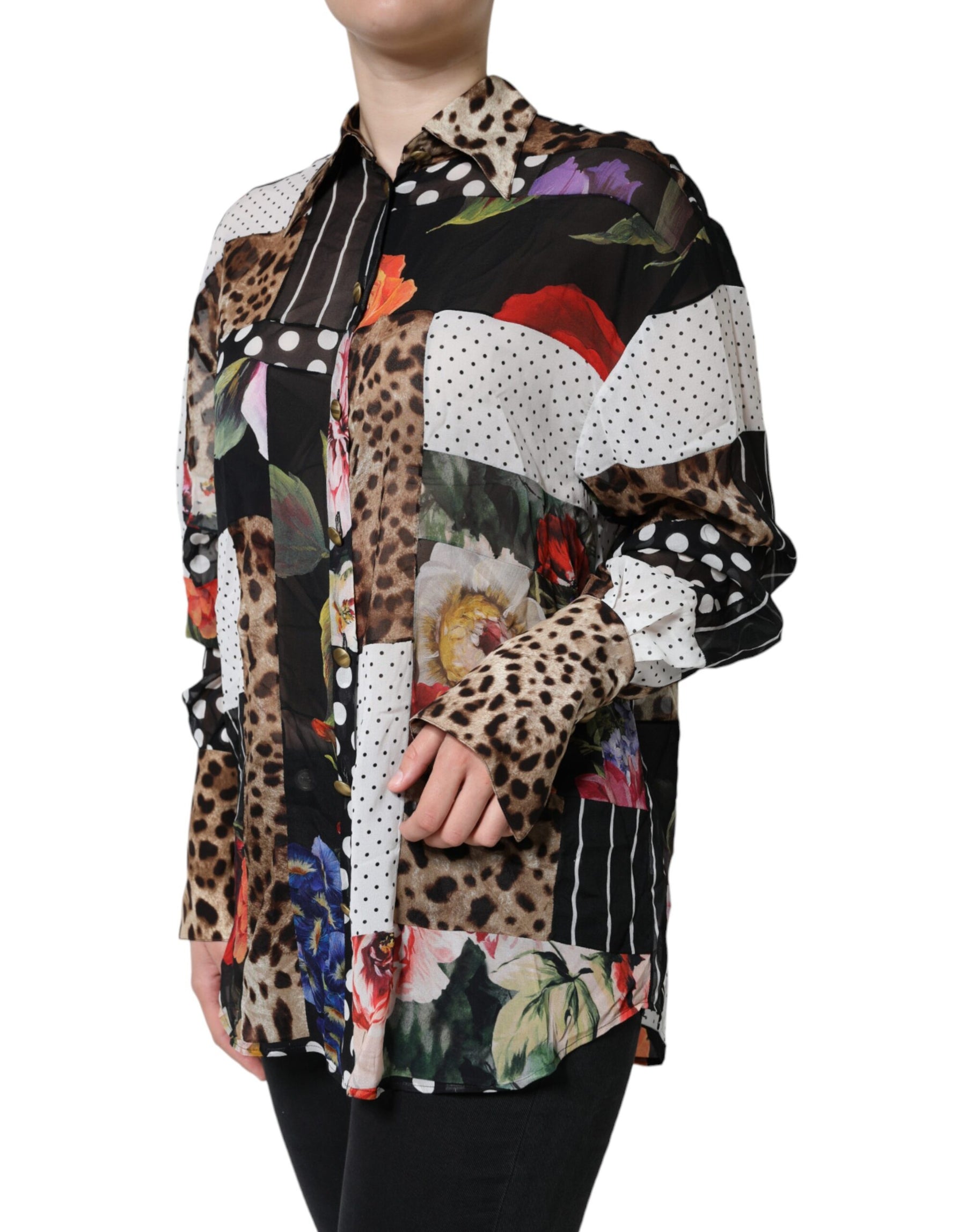 Dolce & Gabbana Multicolor Patchwork Silk Collared Blouse Top | Regal Royce