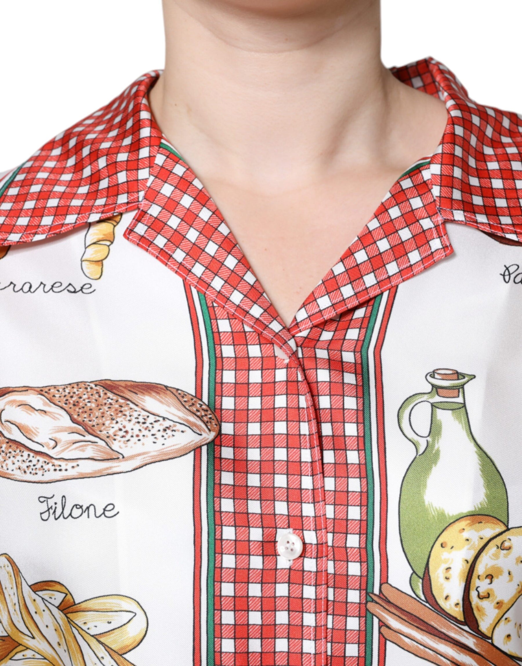 Dolce & Gabbana Multicolor Bread Print Collared Blouse Top | Regal Royce