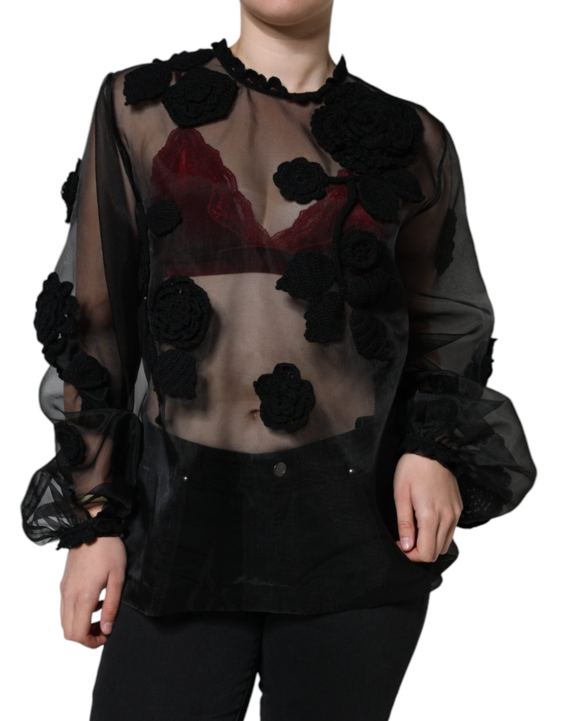Dolce & Gabbana Black Nylon Mesh Transparent Floral Blouse | Regal Royce