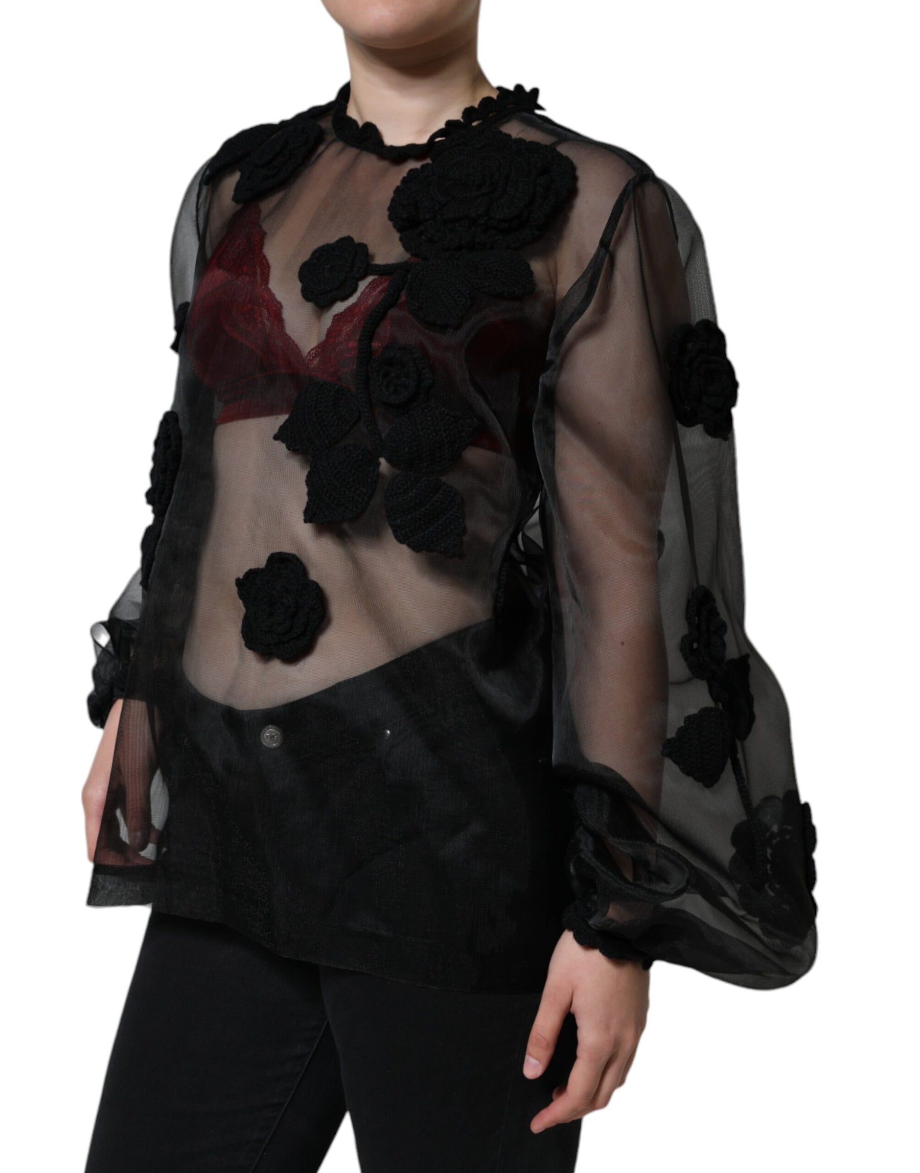 Dolce & Gabbana Black Nylon Mesh Transparent Floral Blouse | Regal Royce